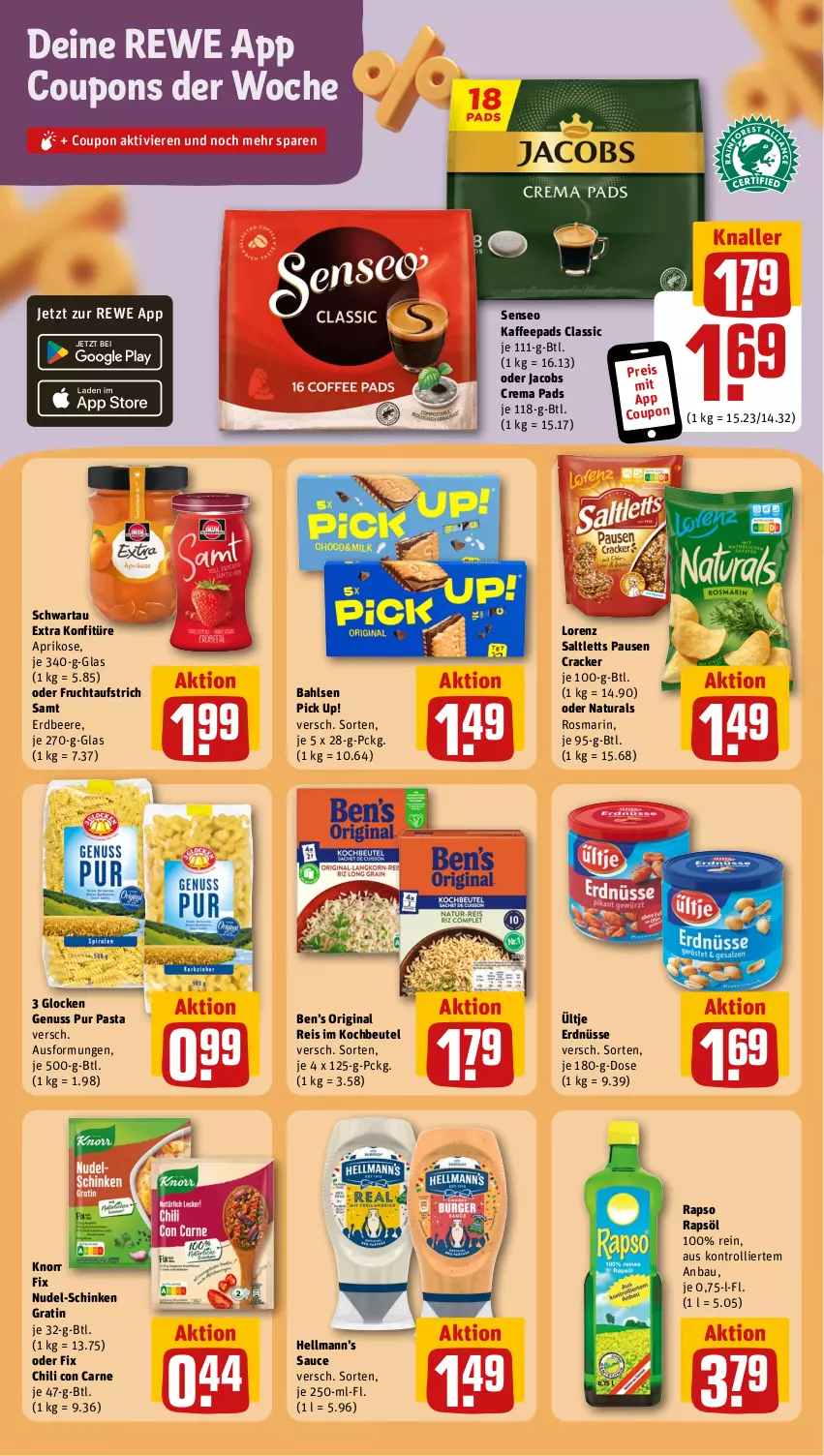 Aktueller Prospekt Rewe - Prospekte - von 22.07 bis 27.07.2024 - strona 14 - produkty: aprikose, aufstrich, bahlsen, Bau, beere, Ben’s Original, beutel, chili, coupon, coupons, cracker, crema pads, eis, erdbeere, erdnüsse, frucht, fruchtaufstrich, gin, jacobs, Jacobs Crema, kaffee, kaffeepads, knorr, knorr fix, kochbeutel, konfitüre, lorenz, natur, natura, nudel, nuss, oder jacobs, pasta, Pick Up!, rapso, rapsöl, reis, rosmarin, saltletts, sauce, schinken, Schwartau, senseo, Ti, trolli, ültje, ültje erdnüsse