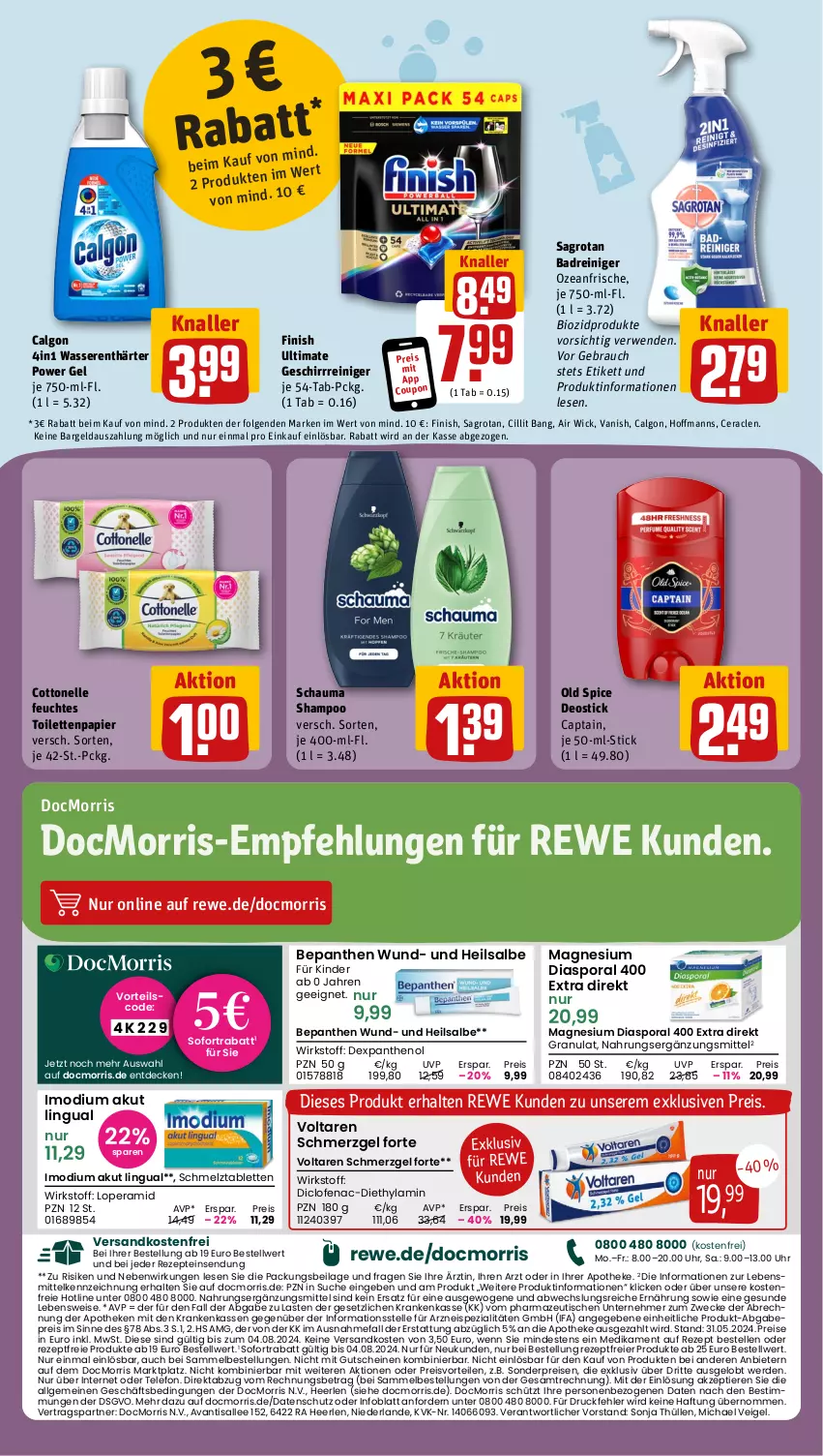 Aktueller Prospekt Rewe - Prospekte - von 22.07 bis 27.07.2024 - strona 16 - produkty: Air Wick, Apotheke, Avanti, Bad, Bepanthen, bio, biozidprodukte, calgon, Cap, Cillit, cillit bang, cottonelle, coupon, decke, deo, Deostick, Diclofenac, eier, eis, elle, erde, feuchtes toilettenpapier, Finish, geschirr, gutschein, gutscheine, ilag, Imodium, K2, Kinder, lebensmittel, LG, magnesium, ndk, Ofen, Old Spice, Panthenol, papier, preisvorteil, Rauch, reiniger, reis, rezept, rezepte, rwe, sagrotan, schauma, schauma shampoo, shampoo, sofortrabatt, Spezi, tablet, tablett, Tablette, telefon, Ti, Tiere, tisch, toilettenpapier, uhr, vanish, versandkostenfrei, wasser, wasserenthärter, weck, WICK