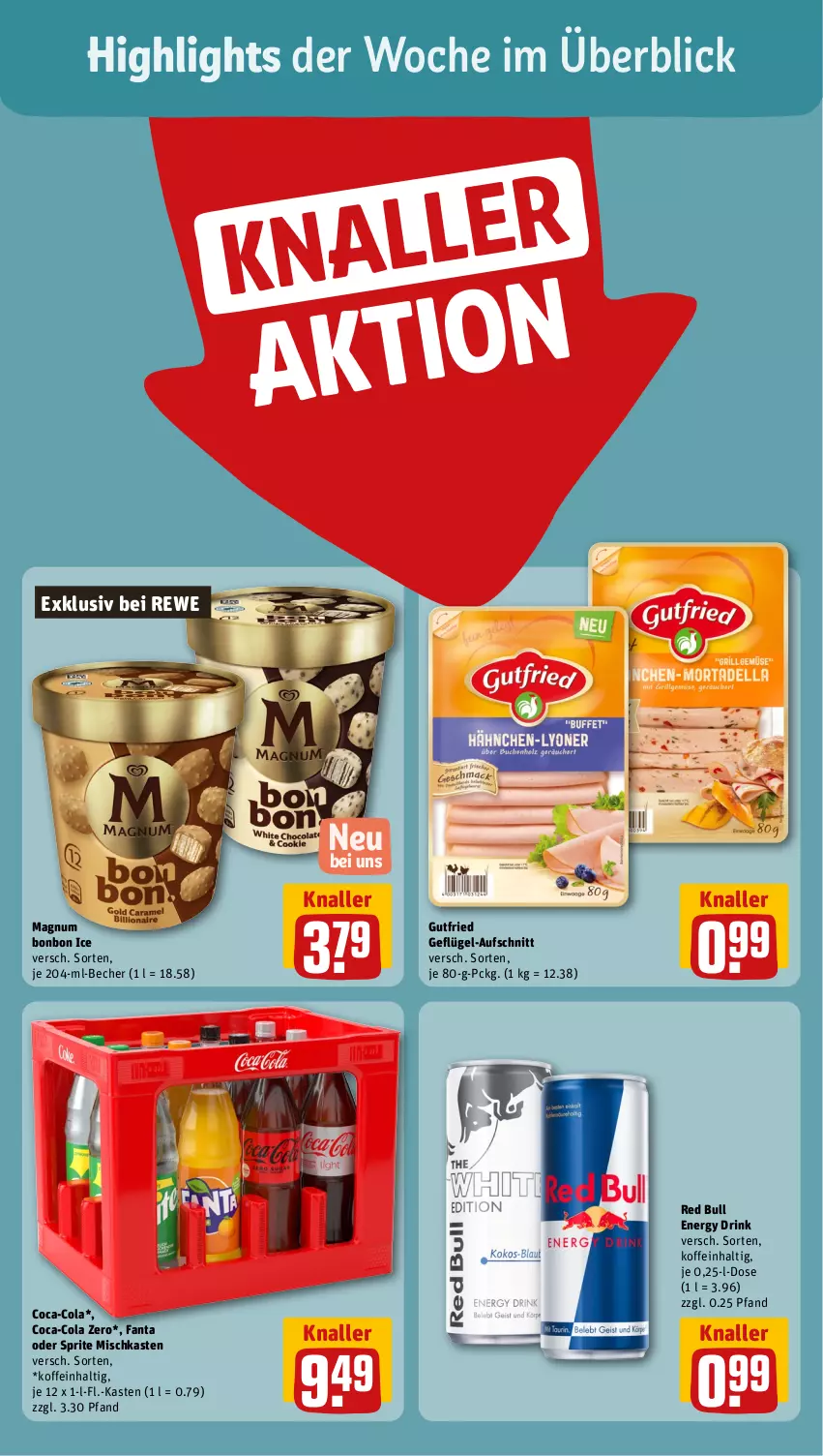 Aktueller Prospekt Rewe - Prospekte - von 22.07 bis 27.07.2024 - strona 2 - produkty: aufschnitt, Becher, coca-cola, cola, drink, energy drink, fanta, fanta oder, fanta oder sprite, Geflügel, gutfried, magnum, oder sprite, red bull, sprite, Ti