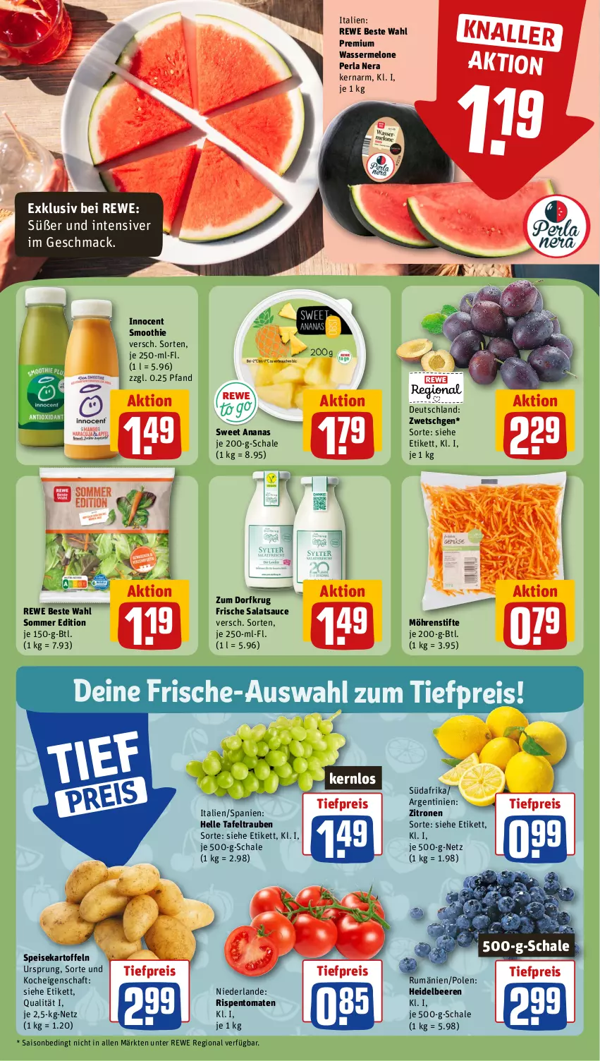 Aktueller Prospekt Rewe - Prospekte - von 22.07 bis 27.07.2024 - strona 4 - produkty: ananas, beere, beeren, eis, elle, heidelbeere, heidelbeeren, Innocent, kartoffel, kartoffeln, mac, melone, möhren, perla, reis, rewe beste wahl, rispentomaten, rum, salat, salatsauce, sauce, Schal, Schale, smoothie, speisekartoffeln, stifte, sweet ananas, tafeltrauben, Ti, tiefpreis, tomate, tomaten, trauben, wasser, wassermelone, zitrone, zitronen, Zum Dorfkrug