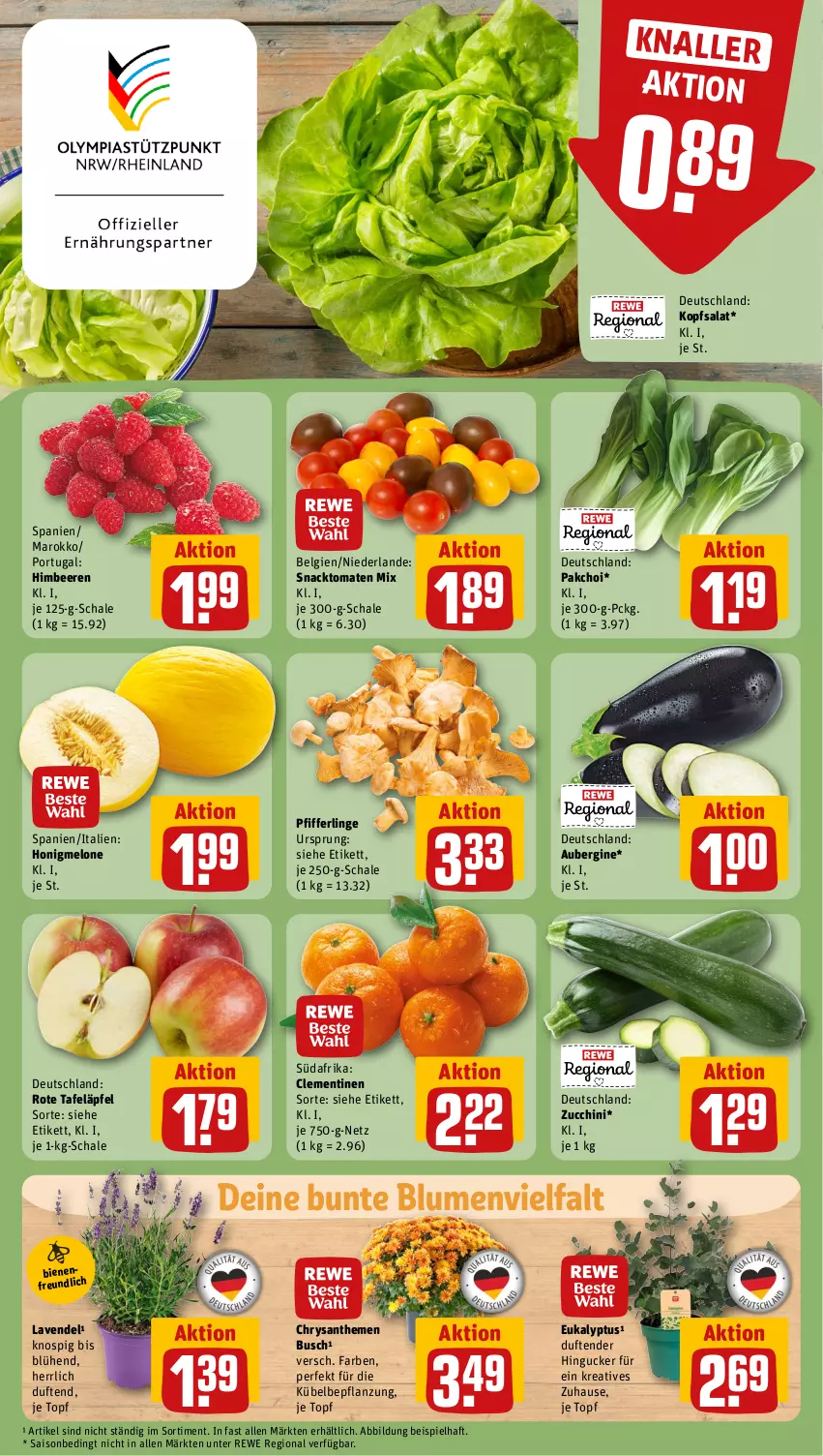 Aktueller Prospekt Rewe - Prospekte - von 22.07 bis 27.07.2024 - strona 5 - produkty: aubergine, beere, beeren, blume, blumen, chrysanthemen, clementinen, eis, gin, himbeer, himbeere, himbeeren, honig, honigmelone, kopfsalat, lavendel, LG, melone, Pfifferlinge, rote tafeläpfel, salat, Schal, Schale, snack, tafeläpfel, tender, Ti, tomate, tomaten, topf, zucchini