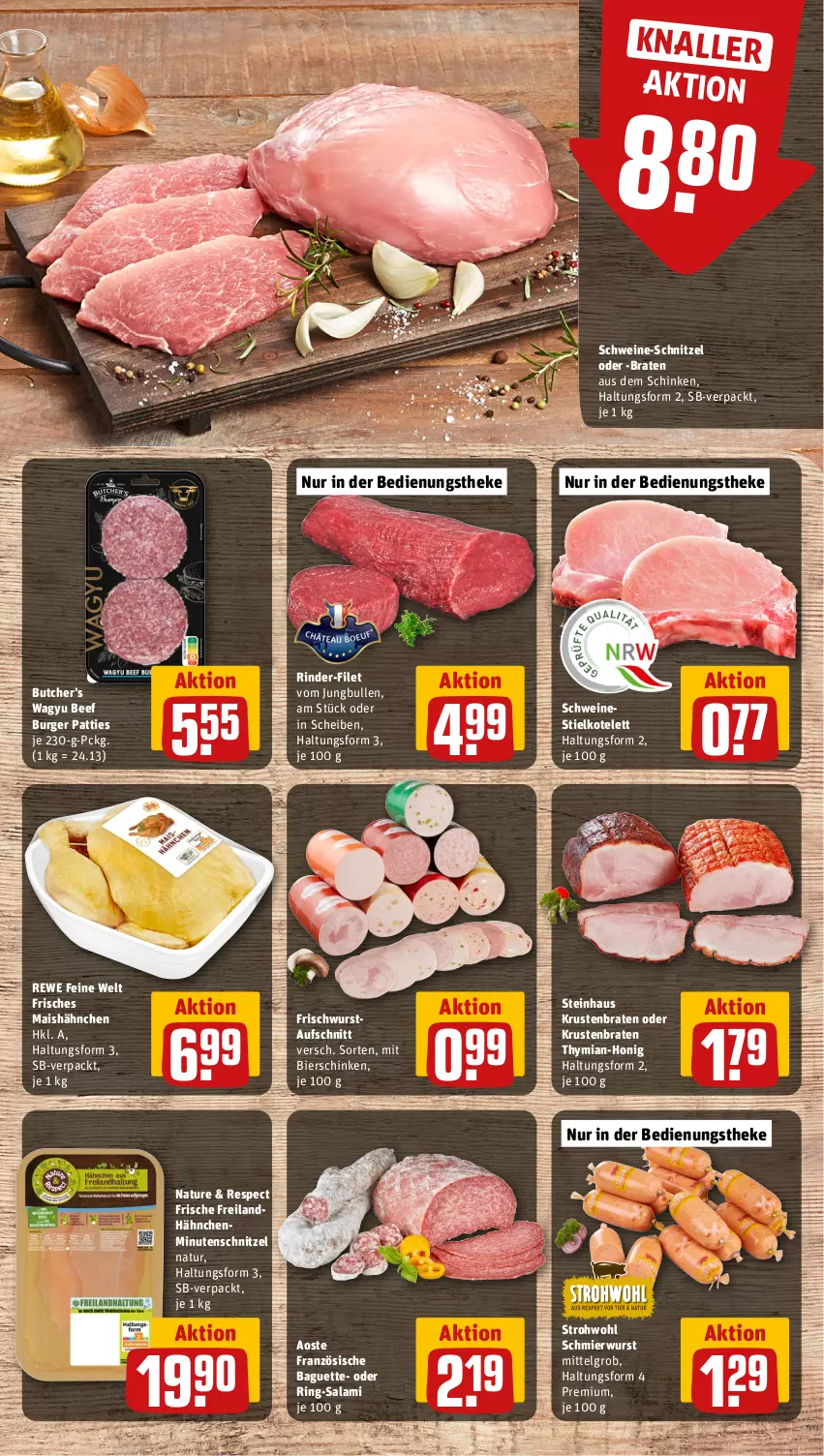 Aktueller Prospekt Rewe - Prospekte - von 22.07 bis 27.07.2024 - strona 6 - produkty: aufschnitt, baguette, beef, bier, bierschinken, braten, burger, filet, honig, jungbullen, kotelett, krustenbraten, LG, mais, minutenschnitzel, natur, rewe feine welt, rind, rinder, ring, salami, schinken, schnitzel, schwein, schweine, schweine-schnitzel, steinhaus, Ti, wein, weine, wurst