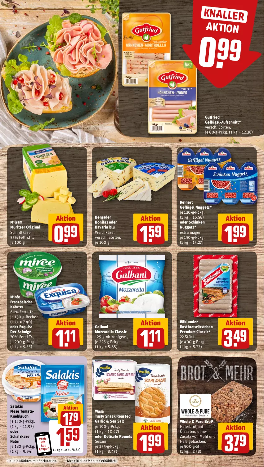 Aktueller Prospekt Rewe - Prospekte - von 22.07 bis 27.07.2024 - strona 7 - produkty: aufschnitt, bavaria blu, Becher, bergader, böklunder, brot, eis, exquisa, galbani, geback, Geflügel, gin, gutfried, hafer, Hefe, Käse, knoblauch, kräuter, mehl, milram, mozzarella, natur, reinert, reis, rel, Ria, salakis, schafskäse, schinken, schnittkäse, sesam, snack, Ti, tomate, wasa, weichkäse, würstchen