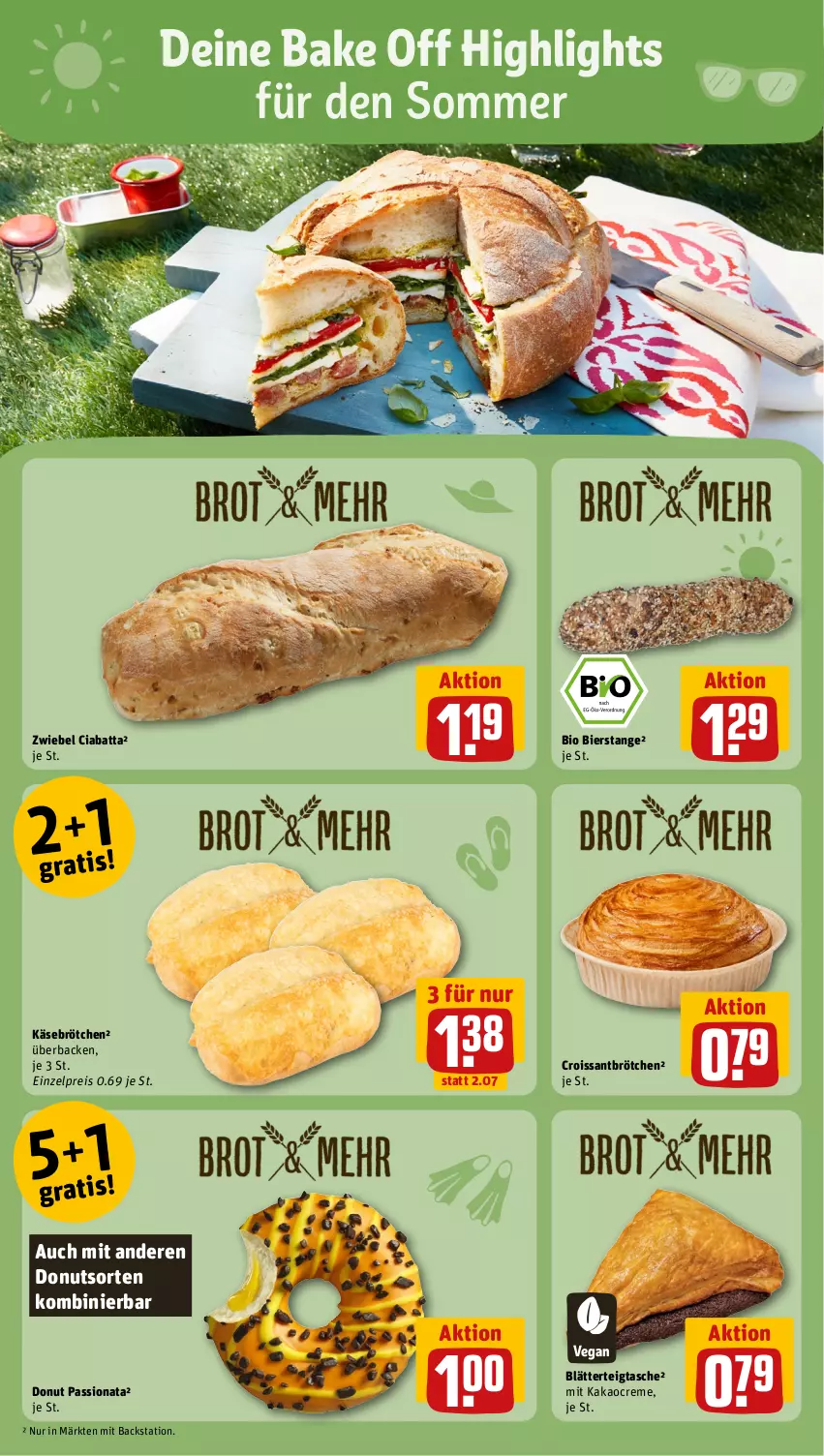 Aktueller Prospekt Rewe - Prospekte - von 22.07 bis 27.07.2024 - strona 8 - produkty: bier, bio, blätterteig, Blätterteigtasche, brötchen, ciabatta, creme, Croissant, Donut, donuts, eis, kakao, Käse, reis, Tasche, Ti, zwiebel