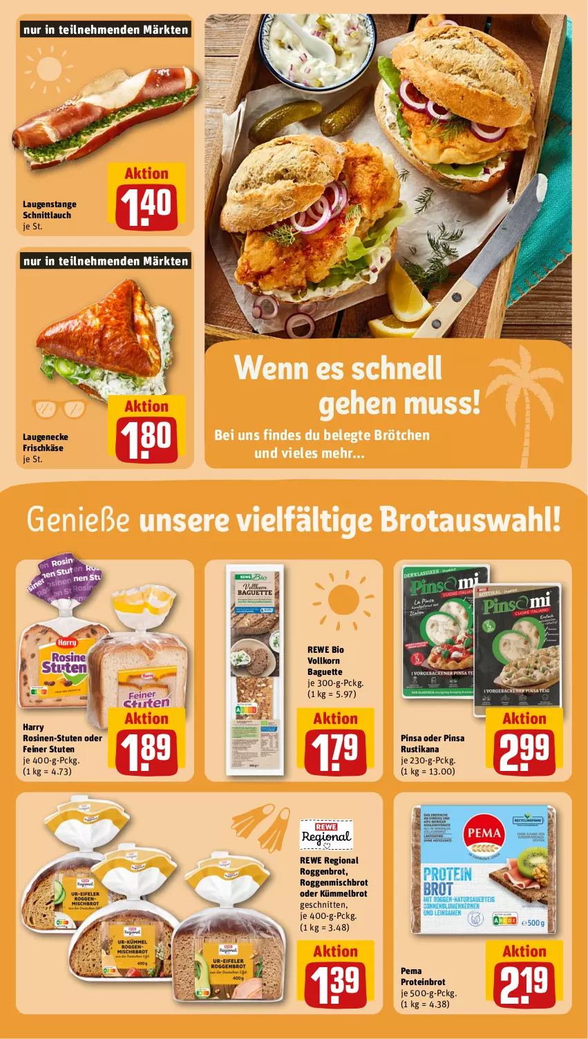 Aktueller Prospekt Rewe - Prospekte - von 22.07 bis 27.07.2024 - strona 9 - produkty: baguette, bio, brot, brötchen, frischkäse, Käse, korn, Laugeneck, Laugenstange, rewe bio, Rosinen-Stute, schnitten, schnittlauch, Ti