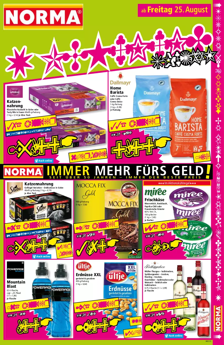 Aktueller Prospekt Norma - Norma - von 21.08 bis 28.08.2023 - strona 15 - produkty: Becher, burgunder, caffè crema, chili, dornfelder, erdnüsse, flasche, frischkäse, Geflügel, gelee, Käse, katzennahrung, knoblauch, kräuter, kühlregal, meerrettich, Müller, Müller-Thurgau, paprika, regal, Rettich, Ria, riesling, salz, sauce, spätburgunder, Ti, wein