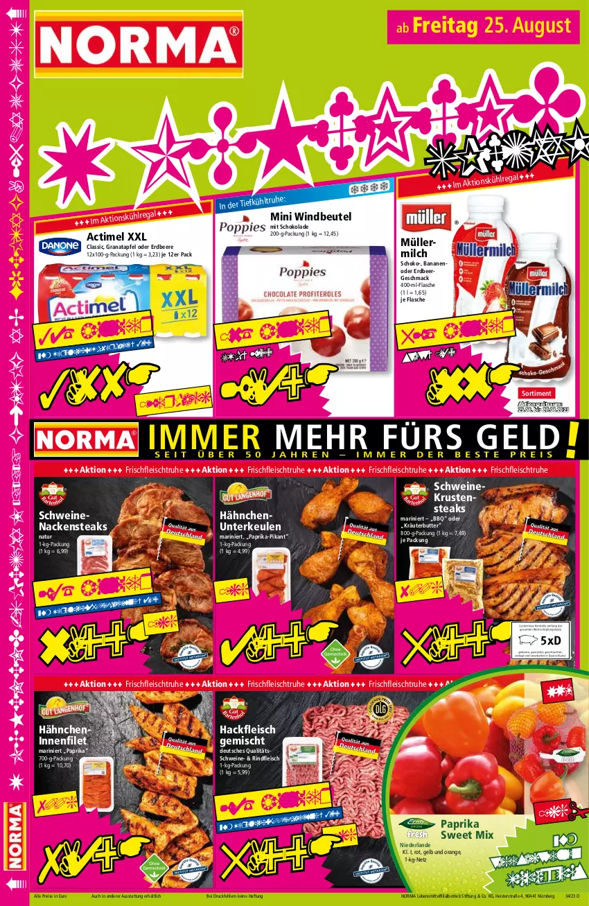 Aktueller Prospekt Norma - Norma - von 21.08 bis 28.08.2023 - strona 16 - produkty: actimel, apfel, banane, bananen, beere, beutel, butter, eis, erdbeere, filet, flasche, fleisch, grana, granatapfel, hackfleisch, hackfleisch gemischt, kräuter, kräuterbutter, lebensmittel, mac, milch, Müller, müllermilch, Nackensteak, nackensteaks, natur, orange, paprika, Rana, regal, reis, rind, rindfleisch, schoko, schokolade, schwein, schweine, schweinenacken, steak, steaks, Ti, tiefpreis, wein, weine, Windbeutel