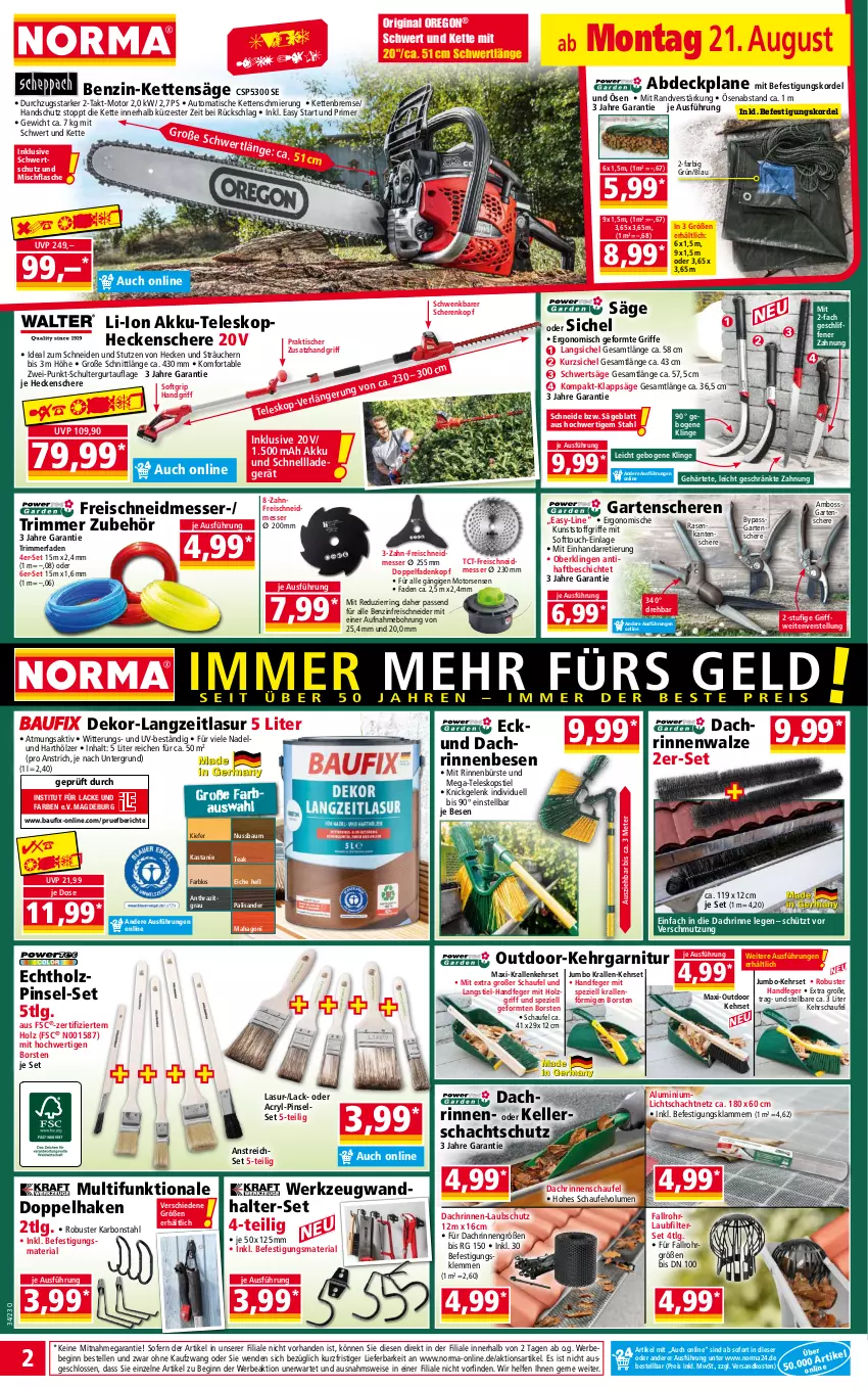 Aktueller Prospekt Norma - Norma - von 21.08 bis 28.08.2023 - strona 2 - produkty: abdeckplane, akku, auto, Bau, Bebe, boss, bürste, eis, elle, flasche, garnitur, Garten, Gartenschere, gin, heckenschere, Holz, jumbo, Kehrgarnitur, Kette, Klammern, lack, Lacke, ladegerät, lamm, LG, messer, Motorsense, ndk, nuss, passend für alle, Pinsel, Pinselset, rasen, reis, Ria, ring, säge, Schere, schnellladegerät, schultergurt, Spezi, Teleskop, teleskopstiel, Ti, tisch, werkzeug