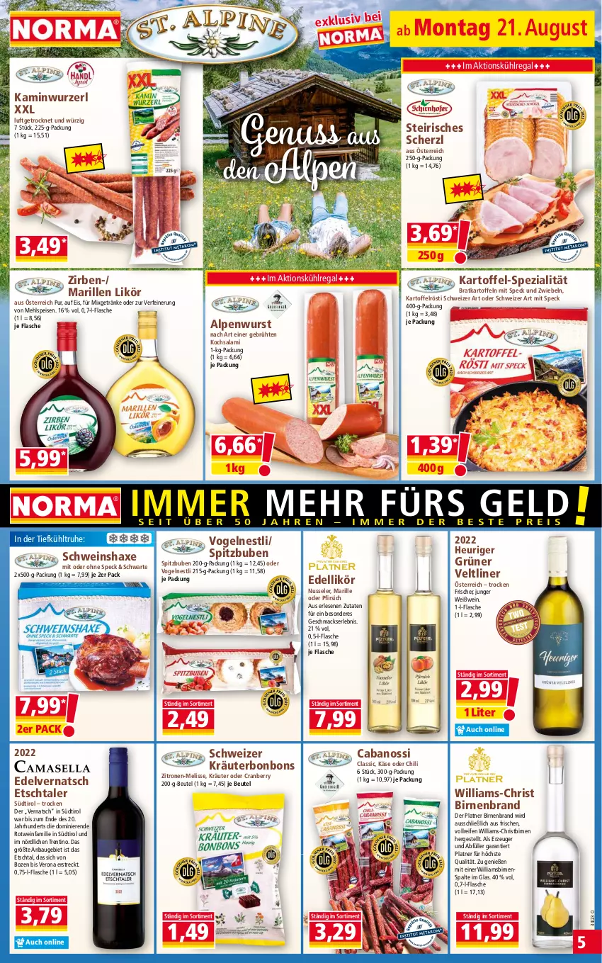 Aktueller Prospekt Norma - Norma - von 21.08 bis 28.08.2023 - strona 5 - produkty: axe, Bau, beutel, Birnen, bonbons, Cabanossi, chili, cranberry, dell, eis, flasche, getränk, getränke, grüner veltliner, Haxe, Heu, Kamin, Kaminwurz, kartoffel, kartoffeln, Käse, kräuter, kühlregal, likör, mac, mehl, Mixgetränk, nuss, pfirsich, regal, reifen, rotwein, salami, schwein, Speck, Spezi, Ti, wein, Weißwein, wurst, zitrone, zitronen, zwiebel, zwiebeln