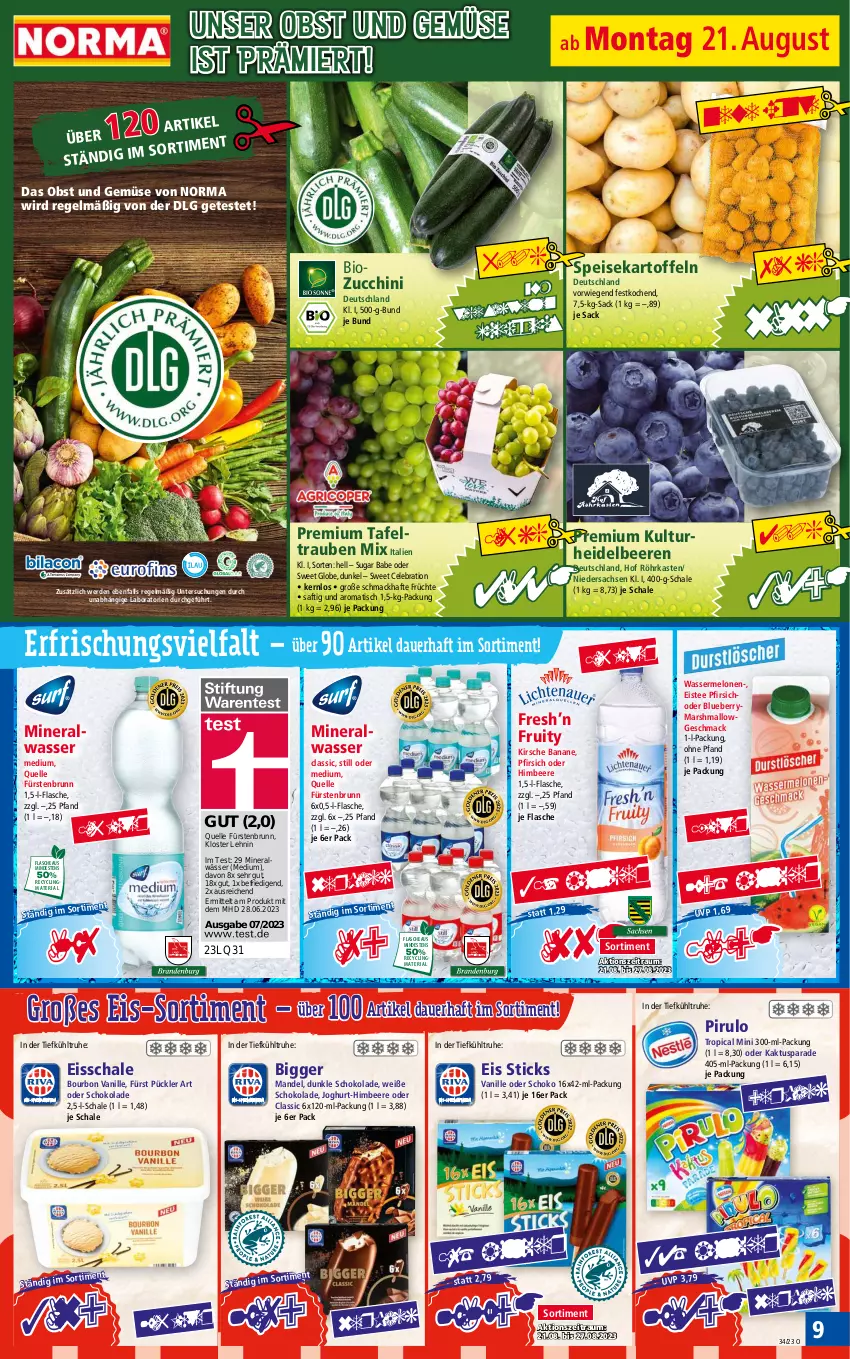 Aktueller Prospekt Norma - Norma - von 21.08 bis 28.08.2023 - strona 9 - produkty: Alwa, auer, banane, beere, beeren, bio, blueberry, bourbon, bourbon vanille, Clin, eis, eistee, elle, erde, flasche, früchte, heidelbeere, heidelbeeren, himbeer, himbeere, joghur, joghurt, kartoffel, kartoffeln, kirsch, kirsche, LG, mac, mandel, mars, melone, melonen, mineralwasser, obst, Obst und Gemüse, pfirsich, recyclingmaterial, reis, Ria, sac, saft, Schal, Schale, schoko, schokolade, speisekartoffeln, tafeltrauben, tee, Ti, tiefpreis, tisch, trauben, und gemüse, vanille, wasser, wassermelone, wassermelonen, Weiße Schokolade, zucchini