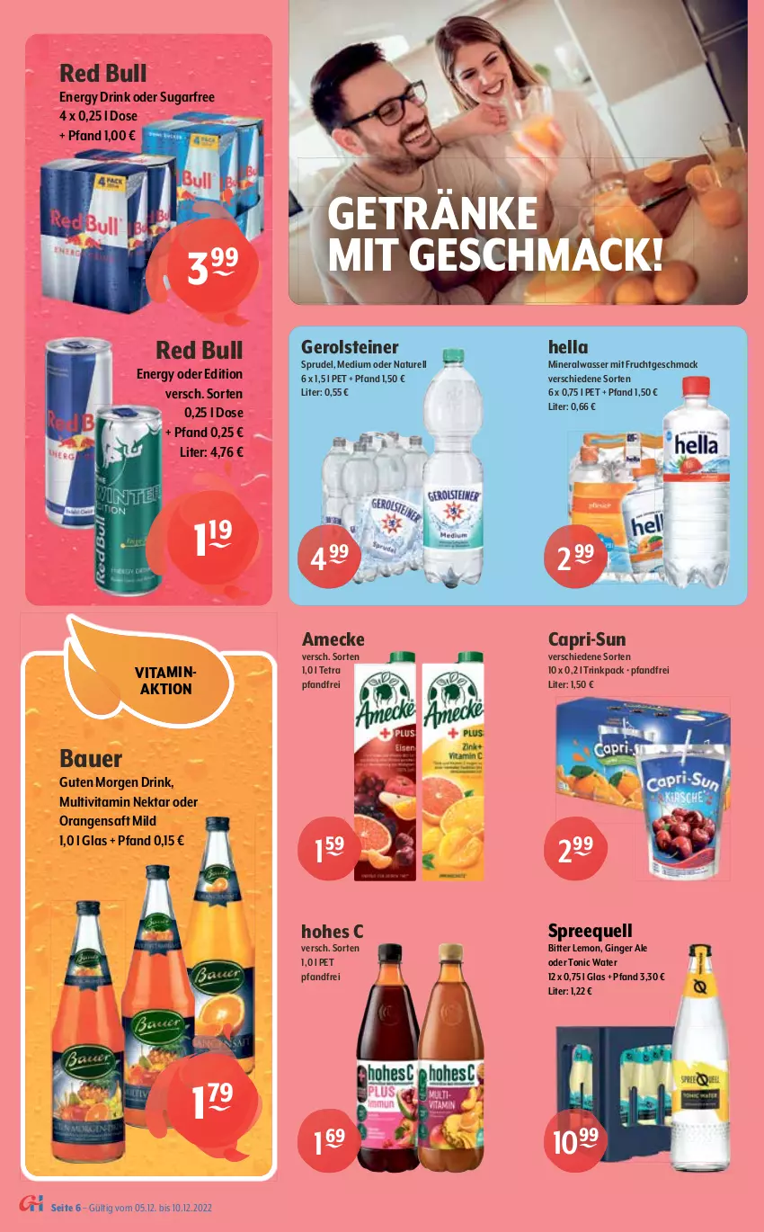 Aktueller Prospekt Getraenke Hoffmann - Prospekte - von 05.12 bis 10.12.2022 - strona 6 - produkty: Alwa, amecke, auer, Bau, Bauer, bier, bitter lemon, Cap, capri-sun, carlsberg, drink, elle, energy drink, frucht, gerolsteine, gerolsteiner, getränk, getränke, gin, ginger, ginger ale, heineken, hella, Hohes C, köstritzer, LG, limo, mac, mineralwasser, mit frucht, natur, Nektar, orange, orangen, orangensaft, pils, pilsener, red bull, rel, saft, Spreequell, Sprudel, steiner, Ti, tonic, tonic water, vita, warsteiner, wasser