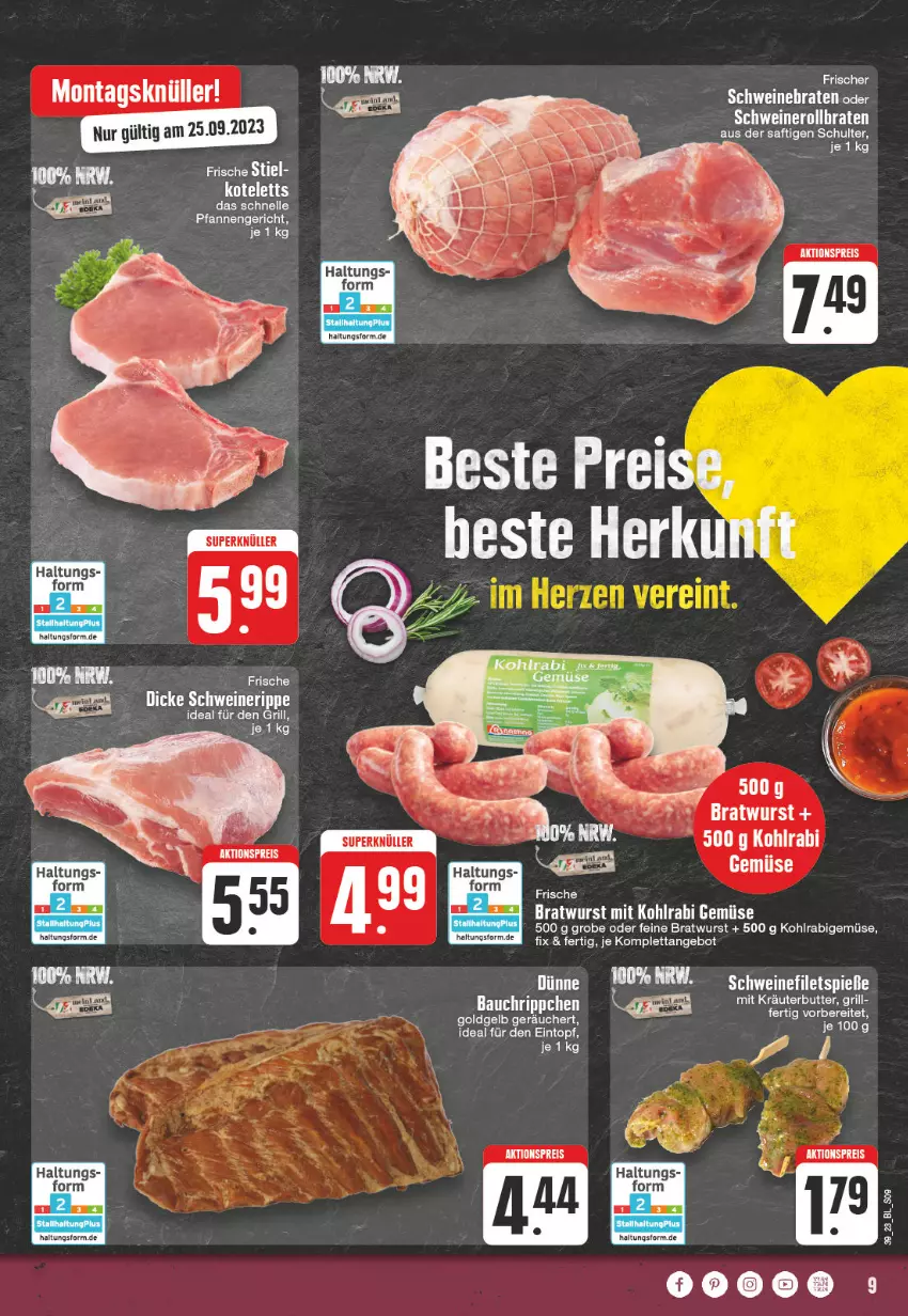 Aktueller Prospekt Edeka - Angebote der Woche - von 25.09 bis 30.09.2023 - strona 9 - produkty: aktionspreis, angebot, Bau, braten, bratwurst, butter, eintopf, eis, elle, grill, kohlrabi, kräuter, kräuterbutter, pfanne, pfannen, reis, saft, schwein, schweine, schweinebraten, Ti, topf, wein, weine, wurst