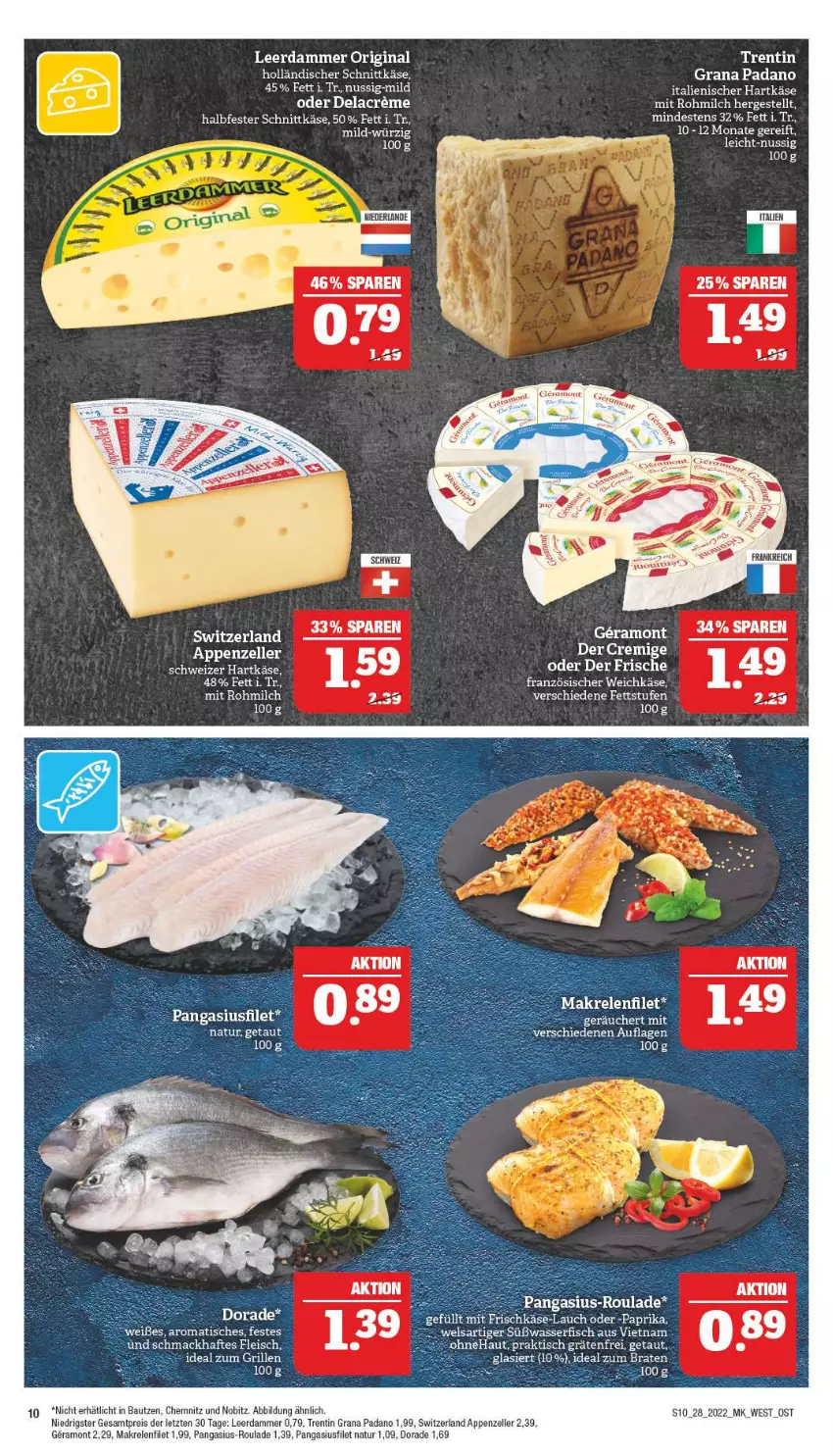 Aktueller Prospekt Marktkauf - Prospekt - von 10.07 bis 16.07.2022 - strona 10 - produkty: appenzeller, Bau, braten, Dorade, eis, elle, filet, fisch, fleisch, gin, grana, grana padano, grill, halbfester schnittkäse, hartkäse, holländischer schnittkäse, Käse, leerdammer, LG, mac, Makrele, milch, natur, nuss, padano, Pangasius, paprika, Rana, reis, rel, schnittkäse, schweizer hartkäse, Ti, tisch, wasser, Wels, ZTE