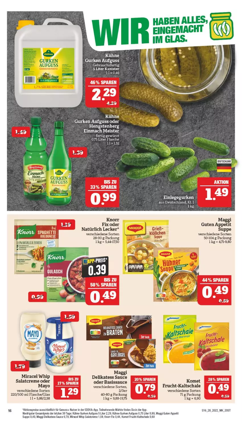 Aktueller Prospekt Marktkauf - Prospekt - von 10.07 bis 16.07.2022 - strona 16 - produkty: aktionspreis, creme, deka, delikatess sauce, eis, flasche, frucht, gewürz, gurke, gurken, hengstenberg, knorr, knorr fix, Kühne, mac, maggi, maggi fix, Meister, miracel, miracel whip, nuss, Rauch, reis, salat, salatcreme, sauce, Schal, Schale, suppe, Ti, Yo, ZTE