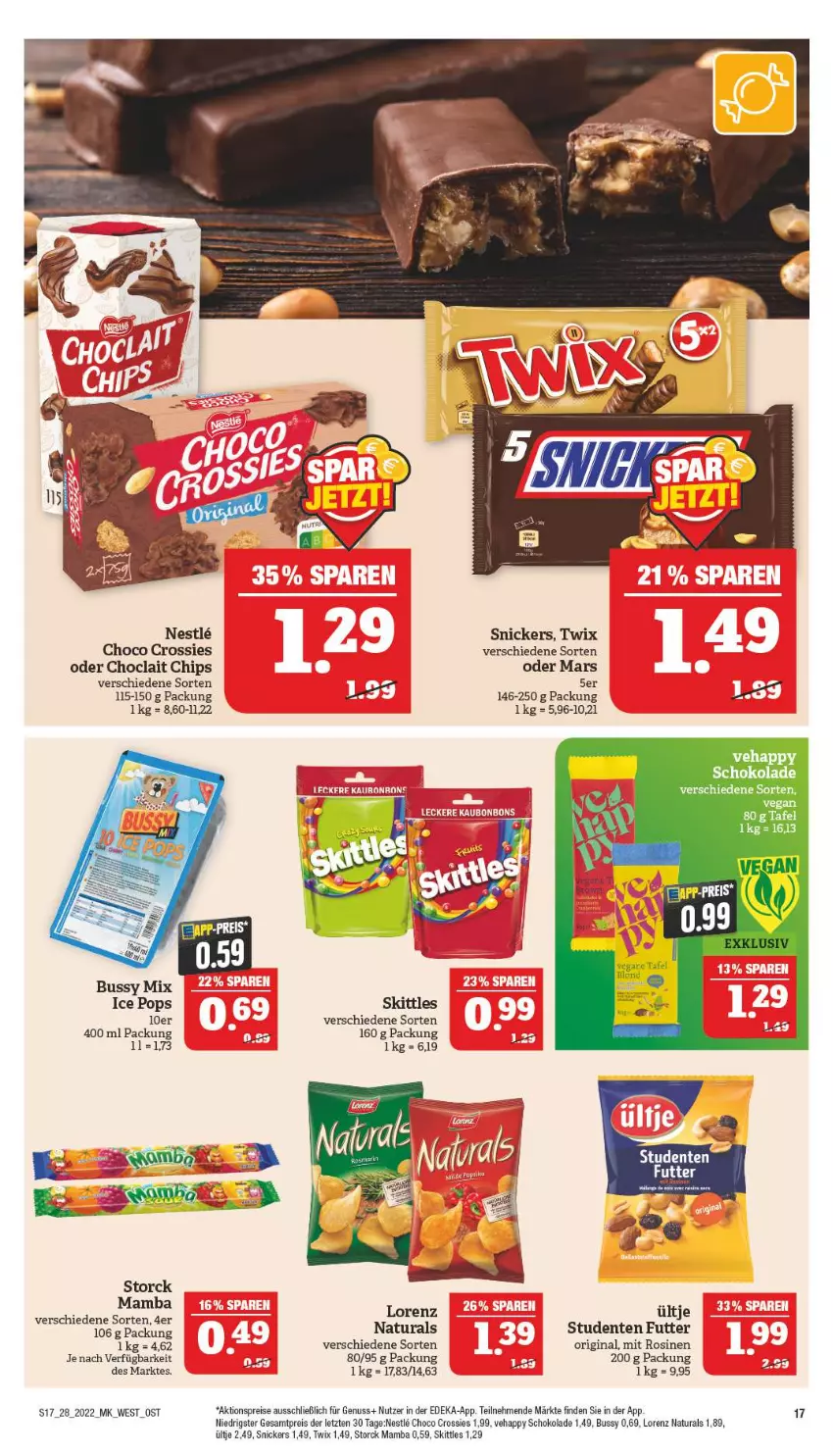 Aktueller Prospekt Marktkauf - Prospekt - von 10.07 bis 16.07.2022 - strona 17 - produkty: aktionspreis, chips, choclait chips, choco crossies, crossies, deka, eis, ente, gin, lorenz, mam, mars, natur, natura, nuss, reis, schoko, schokolade, skittles, snickers, storck, Ti, twix, ültje, ZTE