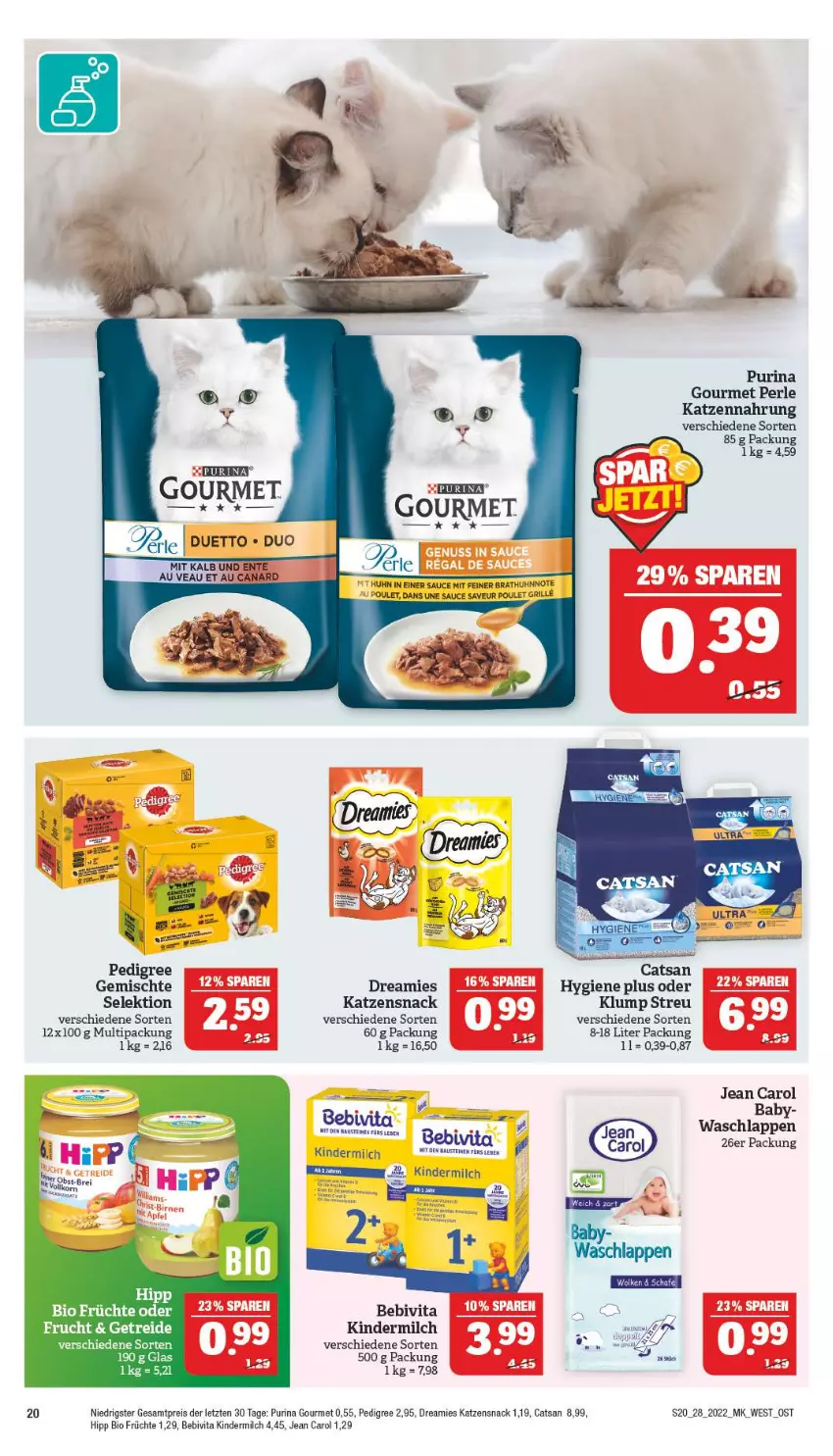 Aktueller Prospekt Marktkauf - Prospekt - von 10.07 bis 16.07.2022 - strona 20 - produkty: aust, Bau, bebivita, bio, catsan, dreamies, eis, frucht, früchte, grill, hipp, Jean Carol, katzennahrung, katzensnack, Kinder, kindermilch, milch, pedigree, purina, reis, sauce, snack, Ti, vita, waschlappen, ZTE