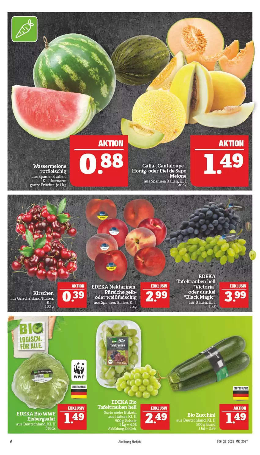 Aktueller Prospekt Marktkauf - Prospekt - von 10.07 bis 16.07.2022 - strona 6 - produkty: bio, deka, edeka bio, eis, eisbergsalat, fleisch, honig, lack, melone, pfirsich, pfirsiche, salat, Schal, Schale, tafeltrauben, Ti, trauben, wasser, wassermelone, zucchini