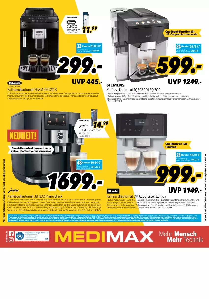 Aktueller Prospekt Medimax - MEDIMAX Prospekt KW42 2022 - von 14.10 bis 20.10.2022 - strona 8 - produkty: abholpreise, ACC, auer, auto, Behälter, bohne, bohnen, Cap, cappuccino, chia, cin, decke, Deckel, dekoration, drucker, eimer, eis, elle, Engel, erde, getränk, getränke, kaffee, kaffeespezialitäten, kaffeevollautomat, kerze, lack, latte, latte macchiato, LG, mac, macchiato, mastercard, miele, milch, milchaufschäumer, neuheit, papier, Reinigung, reis, sirup, Spezi, tasse, Ti, tisch, touchscreen, wasser, wasserfilter, wassertank