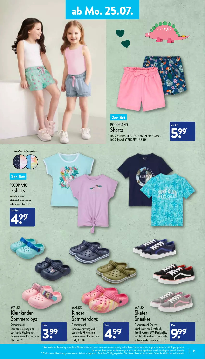 Aktueller Prospekt Aldi Nord - Aldi-Vorschau - von 25.07 bis 30.07.2022 - strona 11 - produkty: Clogs, decksohle, ecovero, gin, Hylo, Kinder, lenzing, pocopiano, Ria, shirt, shirts, shorts, sneaker, T-Shirt, Ti, walkx, Yo, ZTE