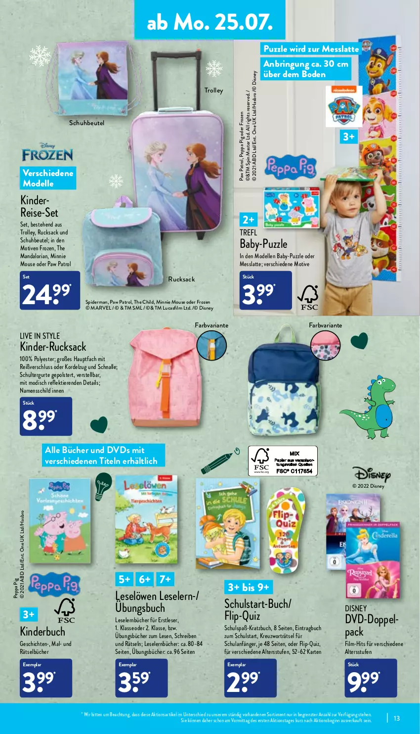 Aktueller Prospekt Aldi Nord - Aldi-Vorschau - von 25.07 bis 30.07.2022 - strona 13 - produkty: beutel, buch, dell, disney, dvd, eis, elle, gin, Hasbro, Kinder, Kinderbuch, latte, Messlatte, Mode, Paw Patrol, Peppa Pig, Puzzle, reis, Ria, ring, rucksack, sac, schultergurt, Ti, Tiere, trolley, ZTE