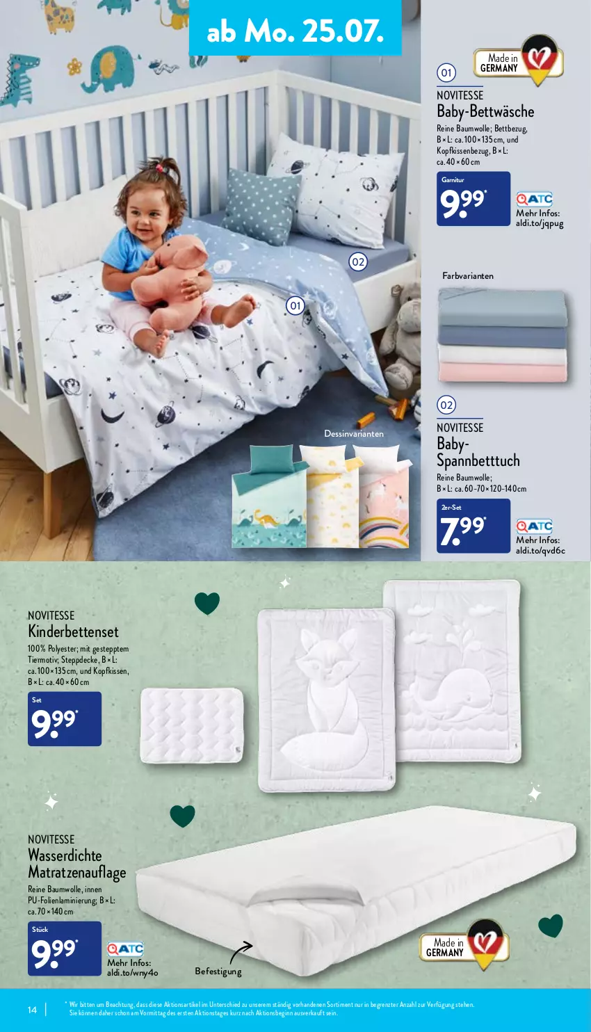 Aktueller Prospekt Aldi Nord - Aldi-Vorschau - von 25.07 bis 30.07.2022 - strona 14 - produkty: aldi, Bau, baumwolle, bett, Betten, Betttuch, bettwäsche, decke, garnitur, Germ, gin, Kinder, kissen, Kissenbezug, kopfkissen, kopfkissenbezug, matratze, matratzen, matratzenauflage, reine baumwolle, Ria, spannbetttuch, Steppdecke, Ti, tuc, wasser, wolle, ZTE