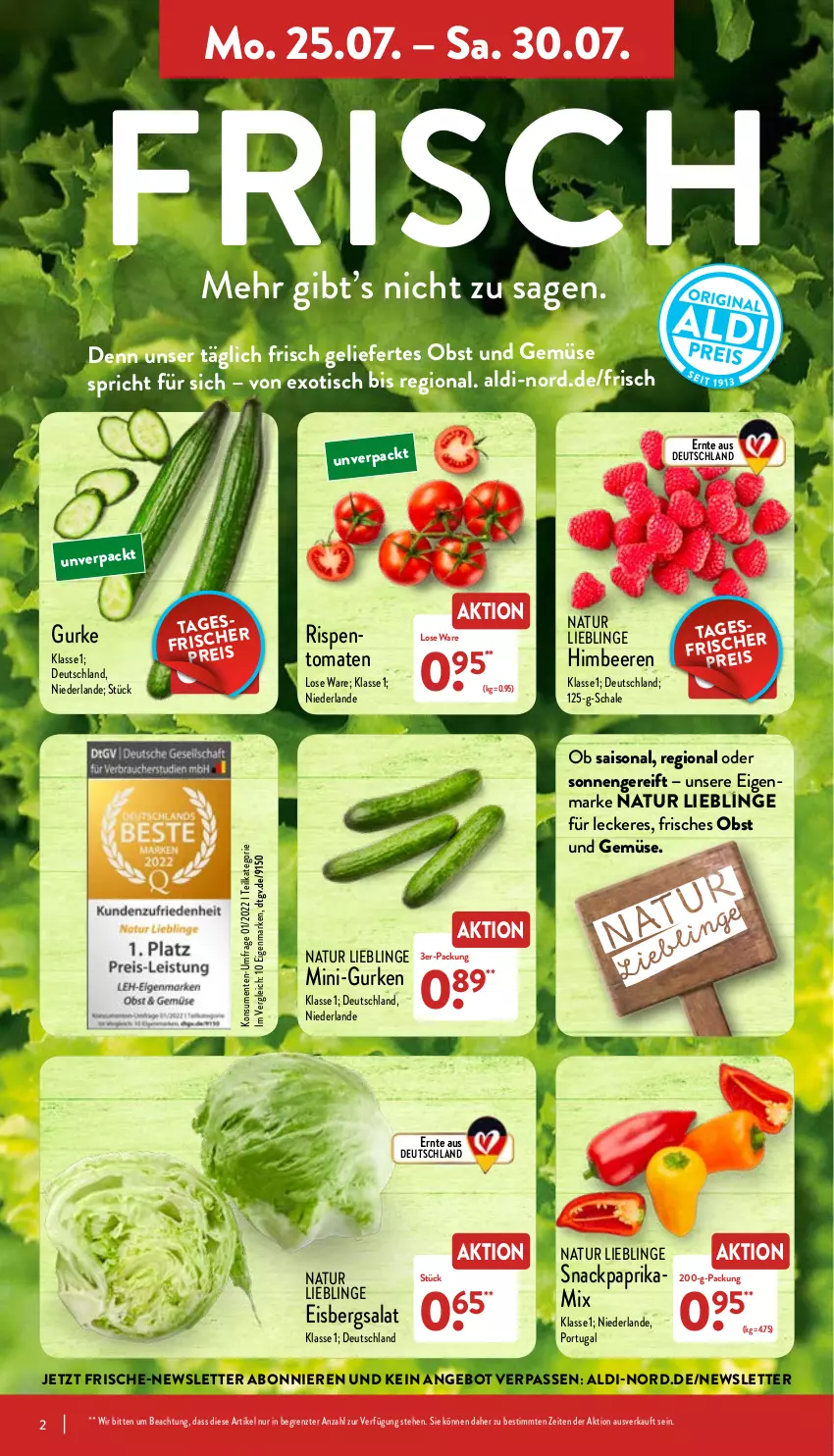 Aktueller Prospekt Aldi Nord - Aldi-Vorschau - von 25.07 bis 30.07.2022 - strona 2 - produkty: aldi, angebot, beere, beeren, eis, eisbergsalat, ente, gurke, gurken, himbeer, himbeere, himbeeren, mini-gurken, natur, obst, Obst und Gemüse, paprika, reis, salat, Schal, Schale, snack, Ti, tisch, tomate, tomaten, und gemüse, ZTE