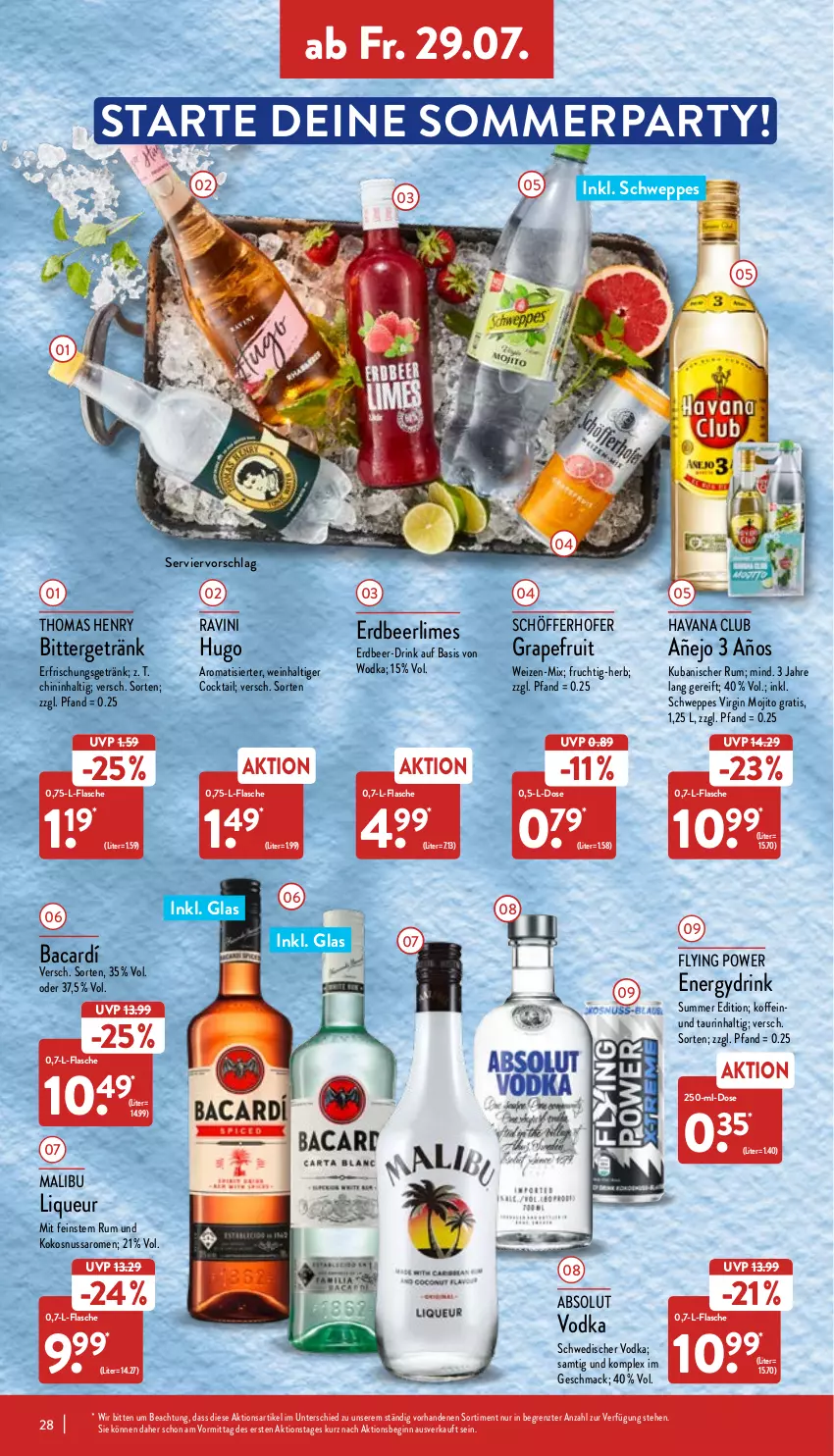 Aktueller Prospekt Aldi Nord - Aldi-Vorschau - von 25.07 bis 30.07.2022 - strona 28 - produkty: Absolut Vodka, cocktail, drink, erfrischungsgetränk, flasche, frucht, getränk, gin, grapefruit, Havana Club, hugo, kokos, kokosnuss, liqueur, mac, Malibu, mojito, nuss, rum, saro, schöfferhofer, schweppes, thomas henry, Ti, vodka, wein, wodka, ZTE