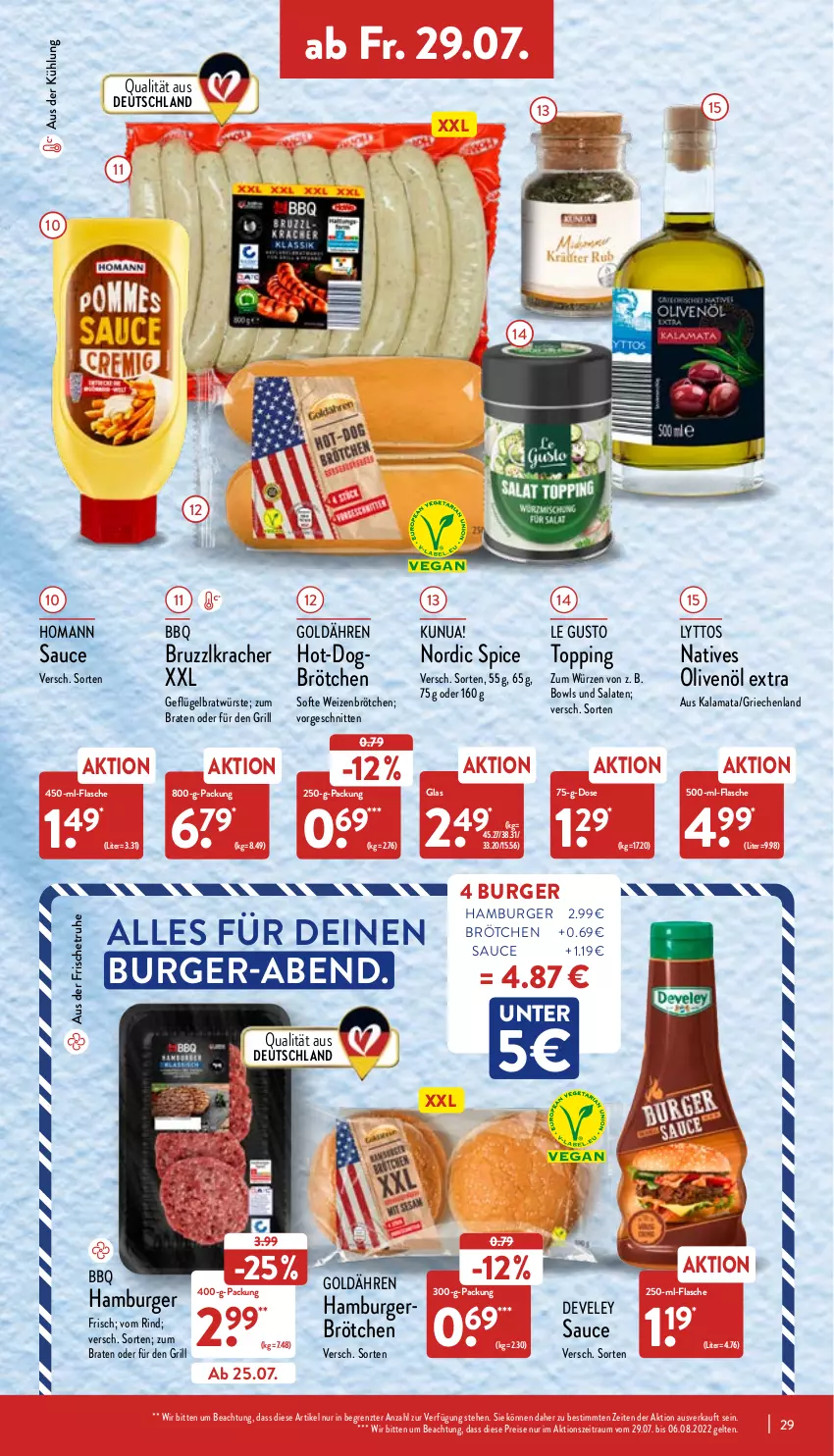 Aktueller Prospekt Aldi Nord - Aldi-Vorschau - von 25.07 bis 30.07.2022 - strona 29 - produkty: braten, brötchen, burger, develey, eis, flasche, Geflügel, grill, hamburger, homann, kracher, natives olivenöl, olive, oliven, olivenöl, olivenöl extra, reis, rind, salat, salate, sauce, schnitten, Ti, weizenbrötchen, ZTE