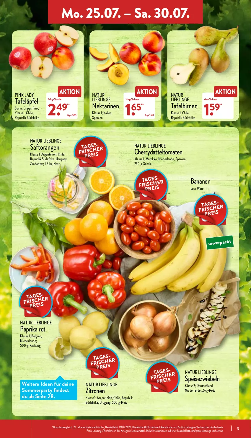 Aktueller Prospekt Aldi Nord - Aldi-Vorschau - von 25.07 bis 30.07.2022 - strona 3 - produkty: aldi, banane, bananen, Birnen, datteltomaten, eis, lebensmittel, LG, natur, Nektar, nektarinen, orange, orangen, paprika, paprika rot, Pink Lady, Rauch, reis, saft, Saftorangen, Schal, Schale, Speisezwiebeln, tafeläpfel, tafelbirnen, Ti, tomate, tomaten, Yo, zitrone, zitronen, zwiebel, zwiebeln