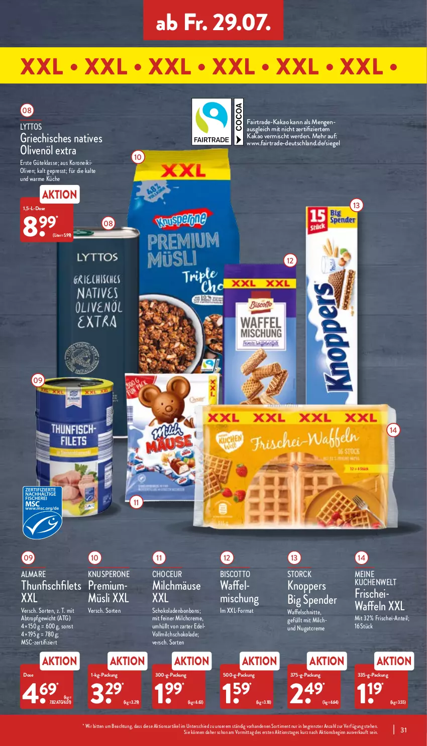 Aktueller Prospekt Aldi Nord - Aldi-Vorschau - von 25.07 bis 30.07.2022 - strona 31 - produkty: almare, biscotto, bonbons, creme, erde, filet, filets, fisch, gin, kakao, knoppers, küche, kuchen, milch, müsli, natives olivenöl, olive, oliven, olivenöl, olivenöl extra, schoko, schokolade, schokoladen, storck, thunfisch, Ti, vollmilch, waffeln, Waffelschnitte, ZTE