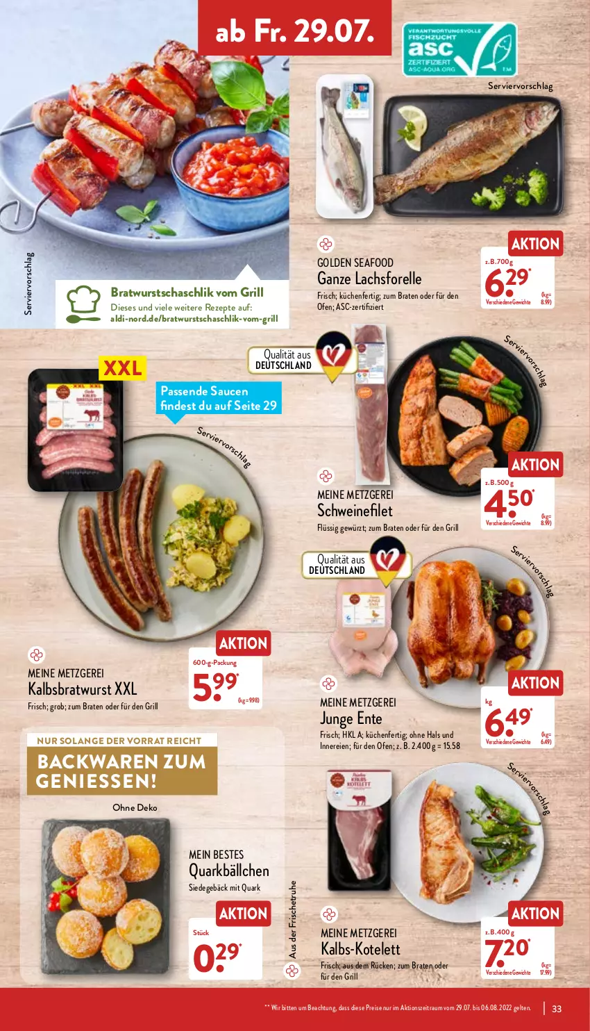 Aktueller Prospekt Aldi Nord - Aldi-Vorschau - von 25.07 bis 30.07.2022 - strona 33 - produkty: aldi, backwaren, braten, bratwurst, eis, elle, ente, filet, forelle, gewürz, grill, Kalbsbratwurst, kotelett, küche, Küchen, lachs, Ofen, quark, reis, rel, rezept, rezepte, sauce, saucen, schwein, schweine, schweinefilet, Ti, wein, weine, wurst