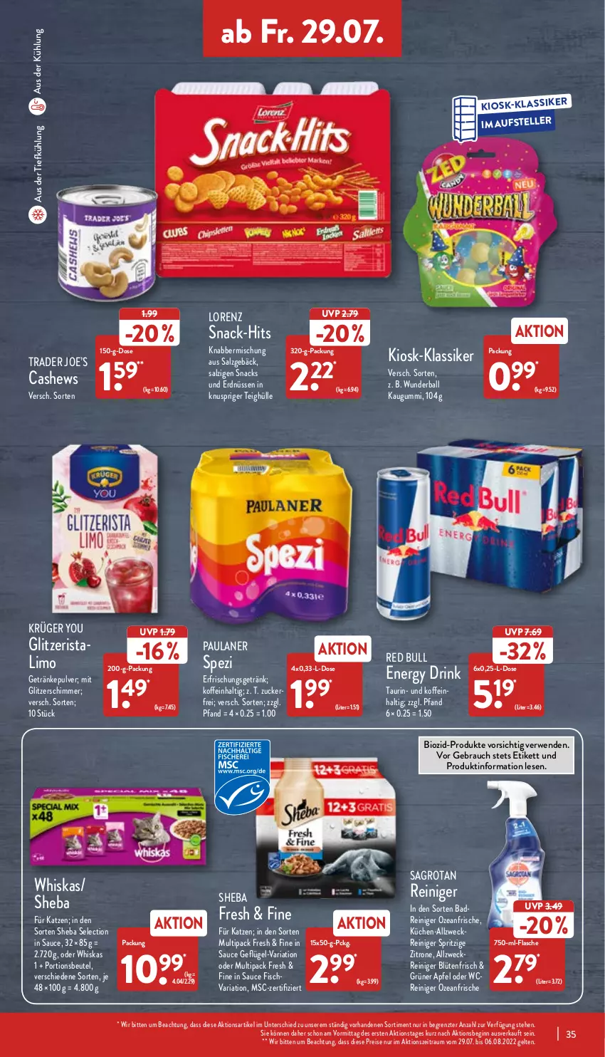 Aktueller Prospekt Aldi Nord - Aldi-Vorschau - von 25.07 bis 30.07.2022 - strona 35 - produkty: allzweckreiniger, apfel, aus der tiefkühlung, Bad, ball, beutel, bio, Blüte, Cashew, drink, eis, elle, energy drink, erdnüsse, erdnüssen, erfrischungsgetränk, fisch, flasche, Geflügel, getränk, getränke, getränkepulver, gin, kaugummi, krüger, küche, Küchen, limo, lorenz, Paula, paulaner, portionsbeutel, Rauch, red bull, reiniger, reis, Ria, rwe, sagrotan, salz, sauce, sheba, snack, snacks, Spezi, teller, Ti, weck, whiskas, Yo, zitrone, ZTE, zucker