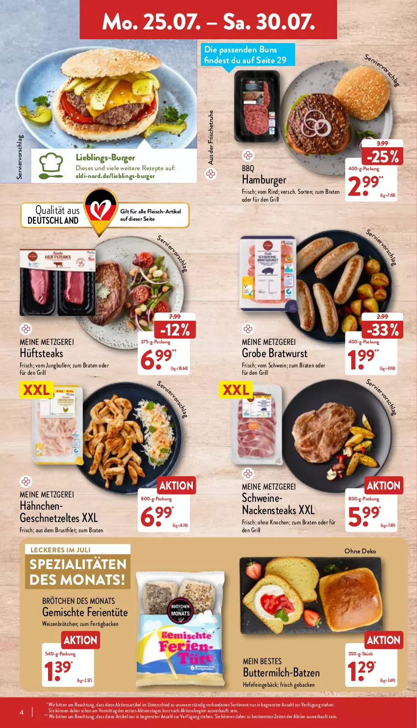 Aktueller Prospekt Aldi Nord - Aldi-Vorschau - von 25.07 bis 30.07.2022 - strona 4 - produkty: aldi, braten, bratwurst, brötchen, brustfilet, burger, butter, buttermilch, eis, filet, fleisch, geback, geschnetzeltes, gin, grill, grobe bratwurst, Hähnchengeschnetzeltes, hamburger, Hefe, hüftsteak, hüftsteaks, jungbullen, milch, Nackensteak, nackensteaks, rezept, rezepte, rind, schwein, schweine, schweinenacken, Spezi, steak, steaks, Ti, Tüte, wein, weine, weizenbrötchen, wurst, Zelt, ZTE