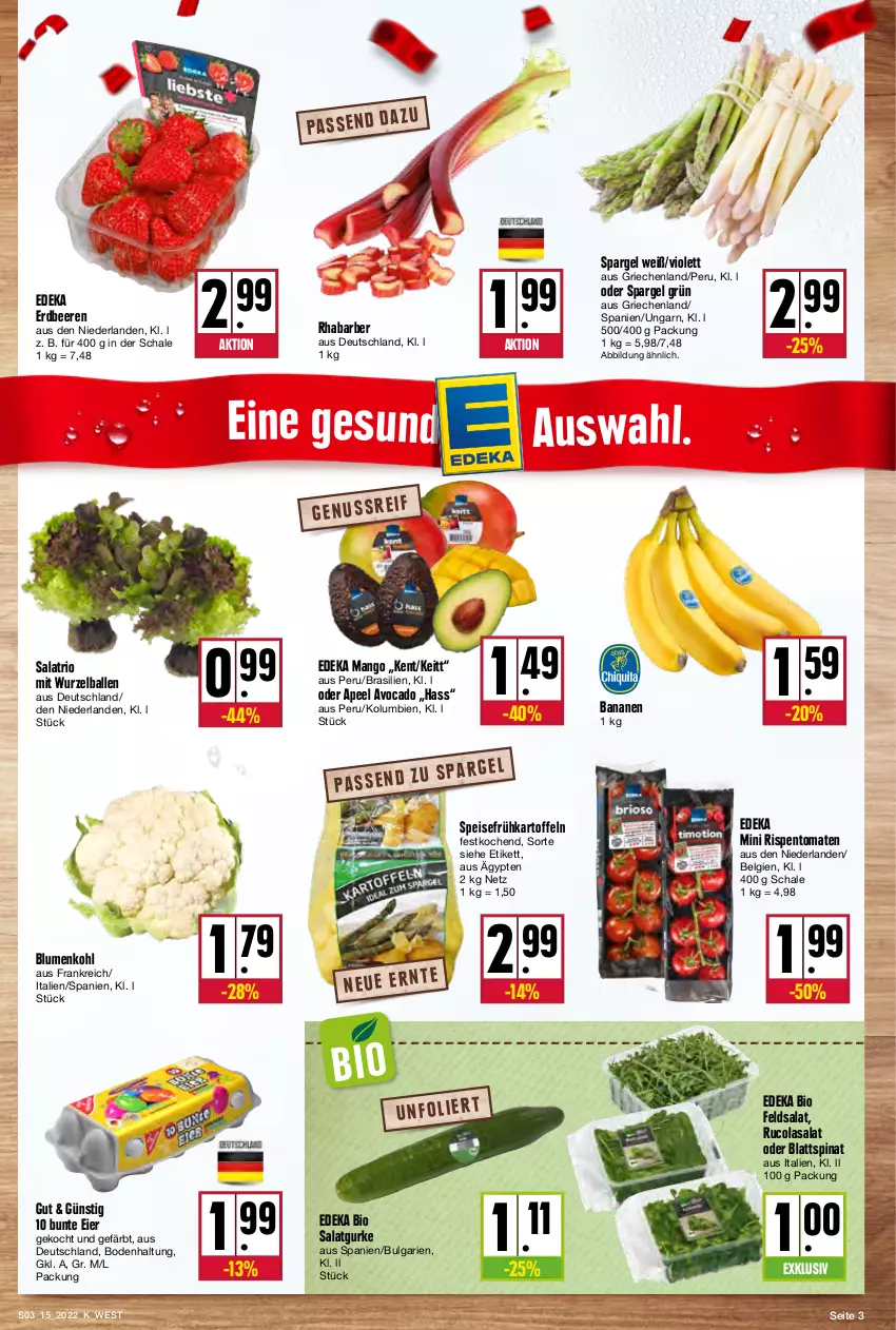 Aktueller Prospekt Kupsch - Angebote der Woche - von 11.04 bis 16.04.2022 - strona 3 - produkty: avocado, ball, banane, bananen, beere, beeren, bio, blattspinat, blume, blumen, blumenkohl, cola, deka, edeka bio, eier, eis, erdbeere, erdbeeren, feldsalat, Frühkartoffeln, gurke, kartoffel, kartoffeln, LG, mango, rhabarber, rispentomaten, rucola, salat, Salatgurke, Schal, Schale, spargel, spargel grün, speisefrühkartoffeln, spinat, Ti, tomate, tomaten