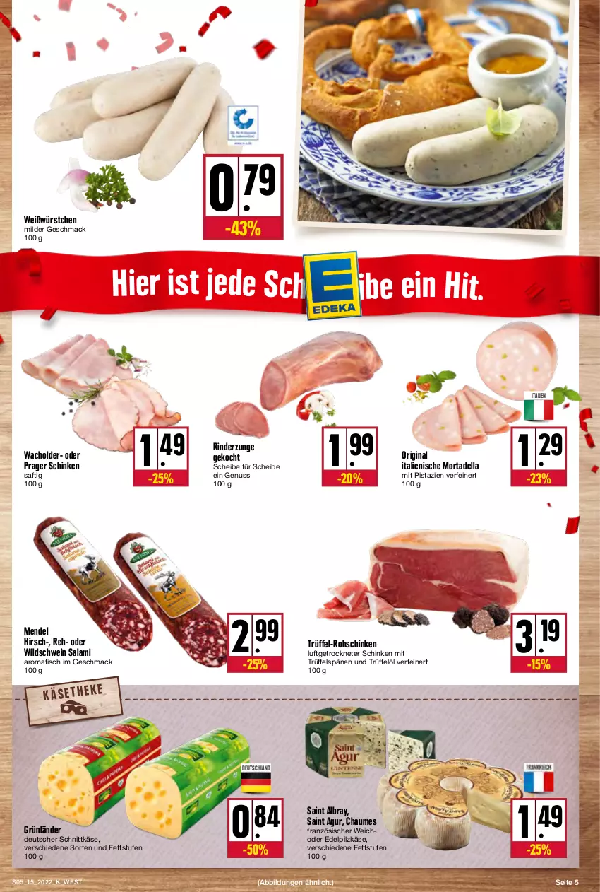 Aktueller Prospekt Kupsch - Angebote der Woche - von 11.04 bis 16.04.2022 - strona 5 - produkty: albray, chaumes, dell, deutscher schnittkäse, gin, grünländer, Käse, Luftgetrockneter Schinken, mac, mit pistazien, mortadella, nuss, pistazien, rind, rinder, Rinderzunge, rohschinken, saft, Saint Agur, saint albray, salami, schinken, schnittkäse, schwein, Ti, tisch, Trüffel, wein, Wild, Wildschwein, würstchen