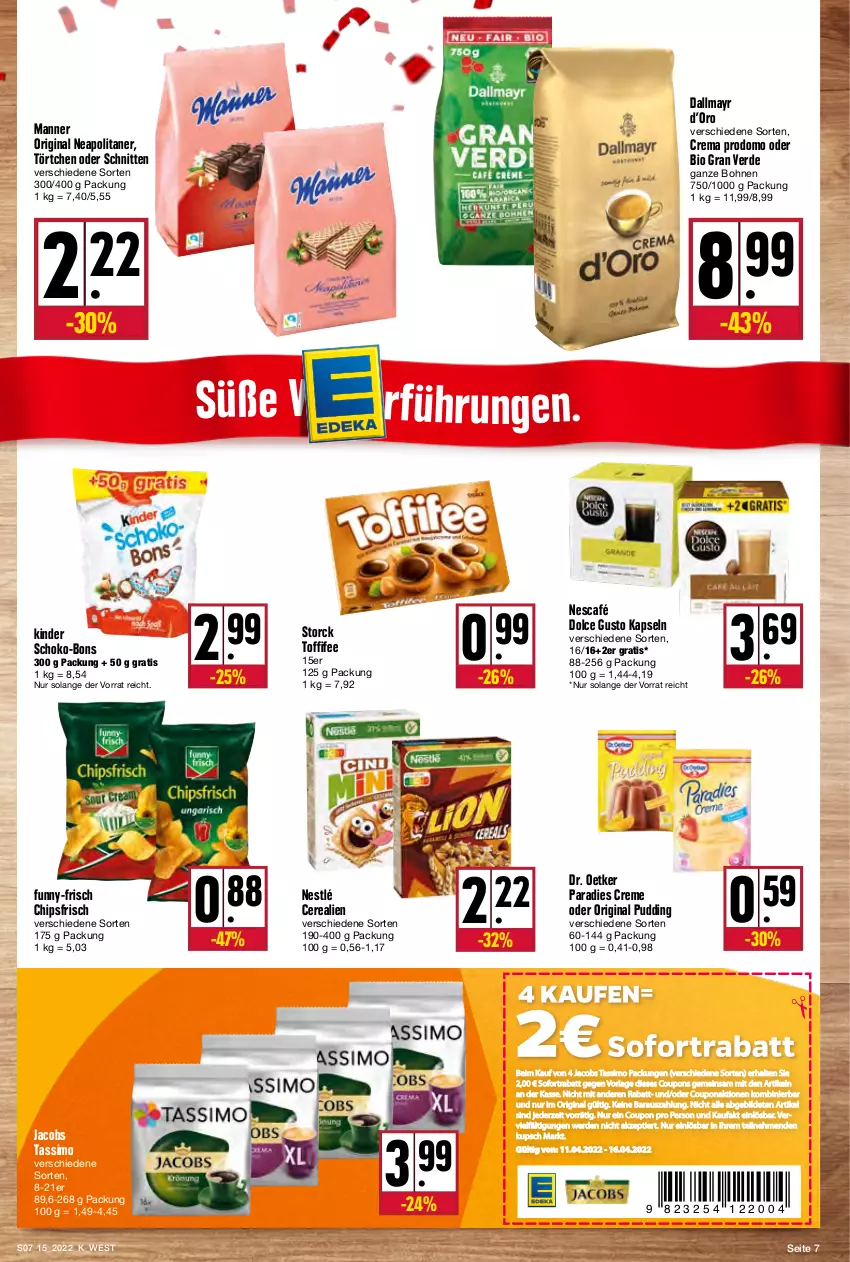 Aktueller Prospekt Kupsch - Angebote der Woche - von 11.04 bis 16.04.2022 - strona 7 - produkty: bio, bohne, bohnen, cerealien, chips, chipsfrisch, coupon, coupons, creme, dallmayr, dolce gusto, Dr. Oetker, erde, funny-frisch, gin, jacobs, jacobs tassimo, Kinder, Manner, Nescafé, nestlé, Paradies Creme, prodomo, pudding, schnitten, schoko, schoko-bons, sim, sofortrabatt, storck, tassimo, Ti, toffifee, Törtchen