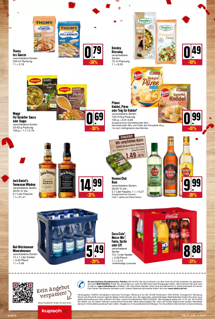 Aktueller Prospekt Kupsch - Angebote der Woche - von 11.04 bis 16.04.2022 - strona 8 - produkty: Alwa, angebot, angebote, auer, Bad, coca-cola, cola, deka, develey, dressing, eis, ente, fanta, flasche, Havana Club, jack daniel, Jack Daniel’s, kartoffel, Kartoffelknödel, Knödel, limo, limonade, maggi, Mezzo Mix, mineralwasser, pfanni, püree, ring, rum, sac, sauce, Semmel, Semmelknödel, sprite, suppe, telefon, tennessee whiskey, thomy, thomy les sauces, Ti, wasser, whiskey