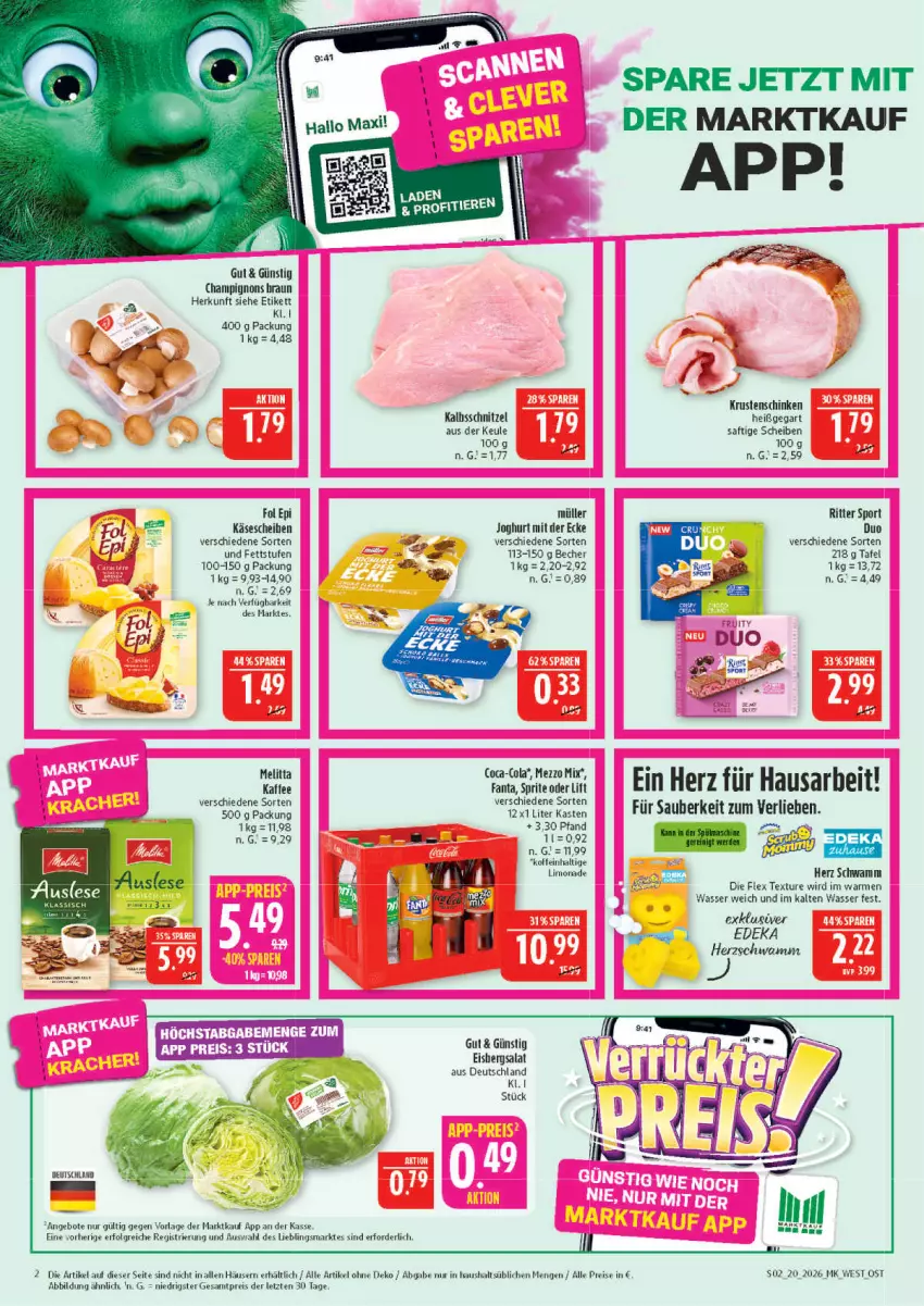 Aktueller Prospekt Marktkauf - Prospekt - von 10.05 bis 16.05.2026 - strona 2 - produkty: angebot, angebote, Becher, braun, champignon, champignons, champignons braun, coca-cola, cola, eis, fanta, fol epi, joghur, joghurt, joghurt mit der ecke, kaffee, kalbsschnitzel, Käse, Krustenschinken, LG, limo, melitta, Mezzo Mix, Müller, reis, ritter, ritter sport, saft, salat, schinken, schnitzel, schwamm, Sport, sprite, Ti, wasser, ZTE