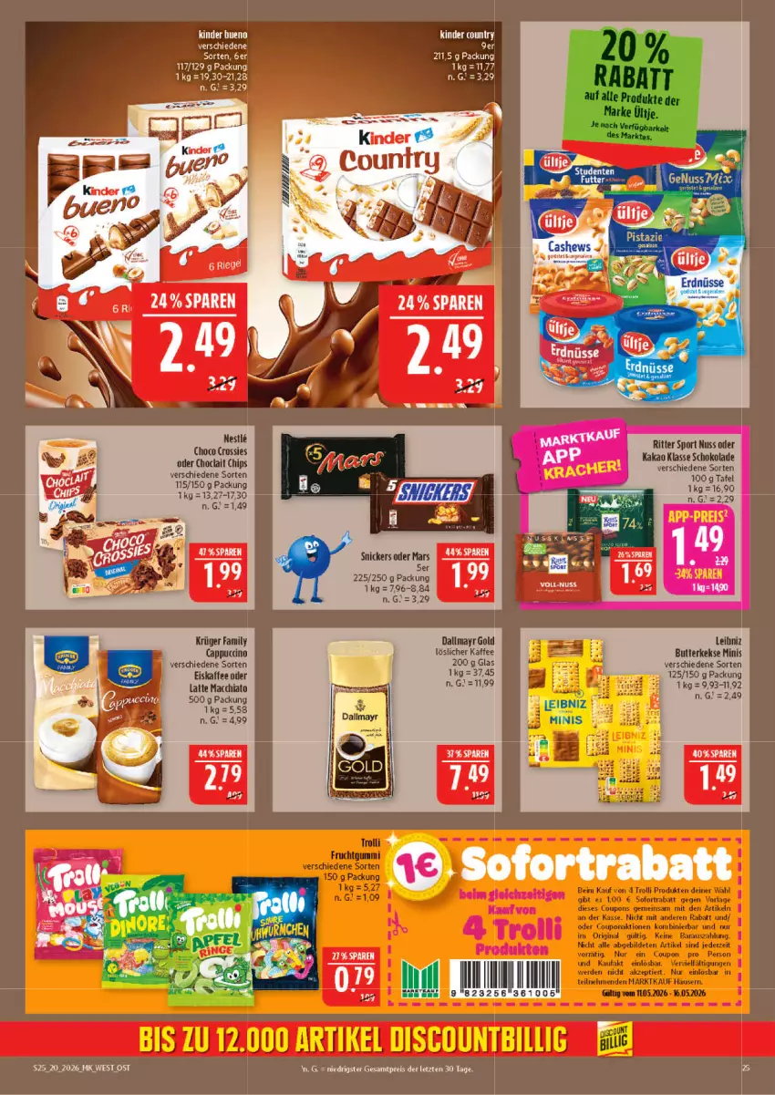Aktueller Prospekt Marktkauf - Prospekt - von 10.05 bis 16.05.2026 - strona 25 - produkty: ACC, butter, butterkeks, Cap, chia, chips, choclait chips, choco crossies, crossies, dallmayr, dallmayr gold, eis, eiskaffee, elle, kaffee, kakao, keks, kekse, Kinder, krüger, latte, latte macchiato, leibniz, löslicher kaffee, mac, macchiato, mars, nuss, reis, ritter, ritter sport, schoko, schokolade, snickers, Sport, tee, Ti, ZTE