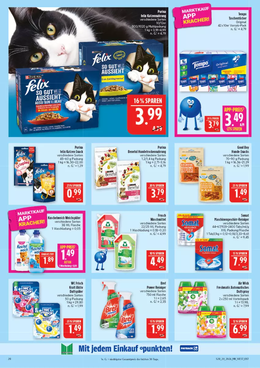 Aktueller Prospekt Marktkauf - Prospekt - von 10.05 bis 16.05.2026 - strona 28 - produkty: Air Wick, auto, Bref, Duftspray, eis, felix, flasche, Frosch, geschirr, gin, Hundetrockennahrung, kraft, purina, reiniger, reis, snack, snacks, somat, Tasche, taschen, taschentücher, Tempo, Ti, tisch, Trockennahrung, tücher, waschmittel, wc frisch, WICK, ZTE