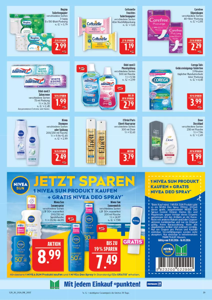 Aktueller Prospekt Marktkauf - Prospekt - von 10.05 bis 16.05.2026 - strona 29 - produkty: Bad, Clin, coupon, coupons, creme, deo, deo spray, dove, duschbad, eis, elle, elnett, erde, flasche, gin, haarspray, magnesium, milch, mundspülung, nivea, Odol, papier, Reinigung, reis, shampoo, slip, slipeinlagen, sonnenmilch, sonnenspray, sprühflasche, spülung, tablet, tablett, Tablette, tee, Ti, toilettenpapier, varta, wasser, zahncreme, ZTE