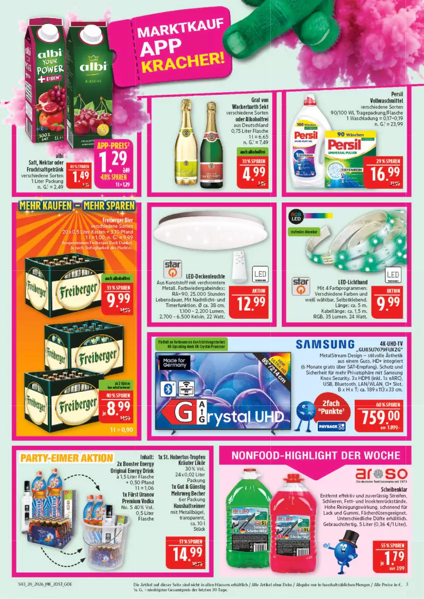 Aktueller Prospekt Marktkauf - Prospekt - von 10.05 bis 16.05.2026 - strona 3 - produkty: alkohol, auer, Becher, bügel, decke, deckenleuchte, drink, eimer, eis, energy drink, flasche, frucht, fruchtsaft, fruchtsaftgetränk, Germ, getränk, gin, gsw, HDMI, kräuter, lack, led-deckenleuchte, led-licht, Leuchte, likör, Nachtlicht, Nektar, persil, Rauch, reifen, Reinigung, reis, rwe, saft, Samsung, sekt, Ti, timer, uhd, UHD-TV, usb, vollwaschmittel, waschmittel, Yo, ZTE