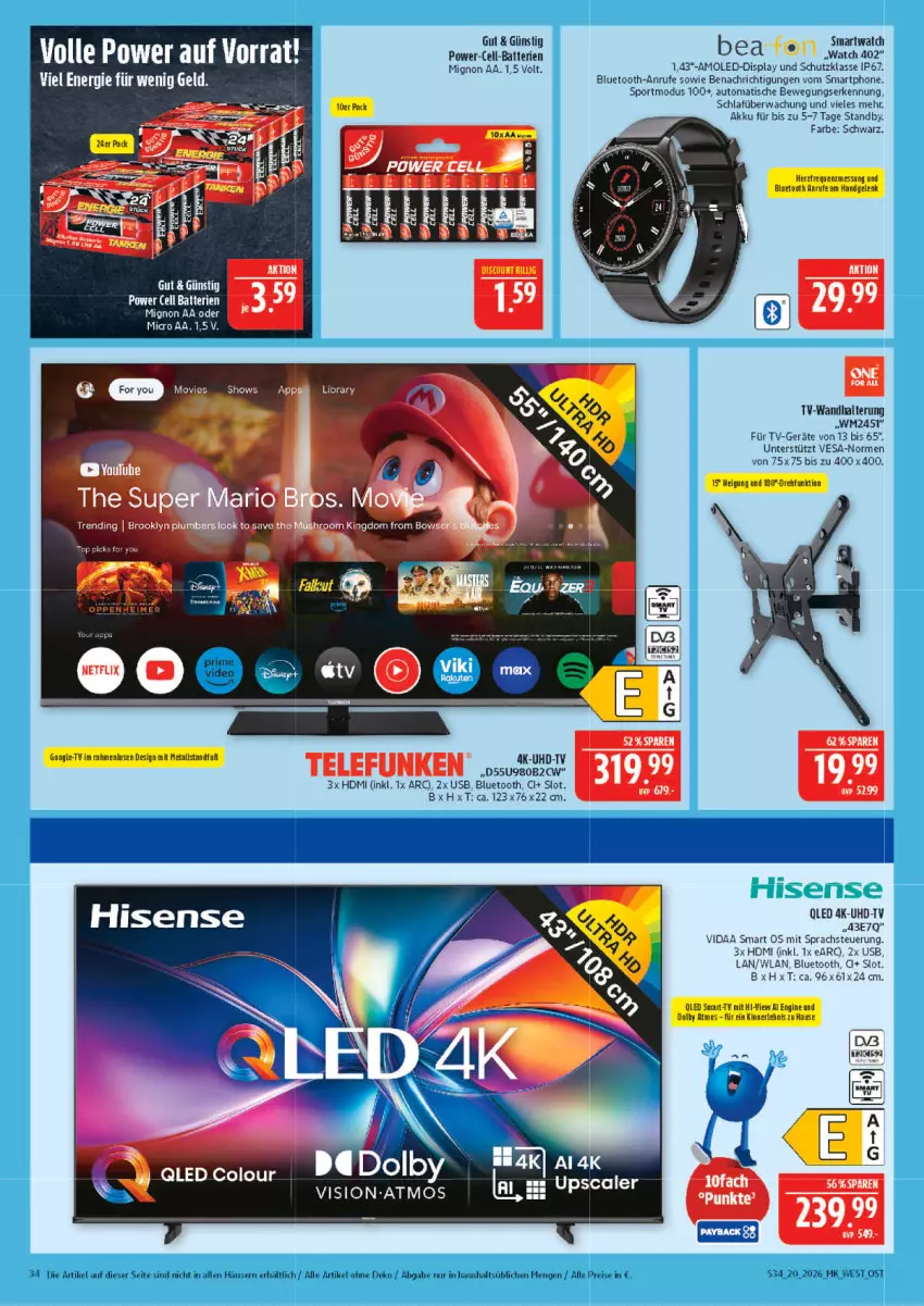 Aktueller Prospekt Marktkauf - Prospekt - von 10.05 bis 16.05.2026 - strona 34 - produkty: akku, auto, batterie, batterien, bett, bio, deo, eis, HDMI, qled, reis, rel, smartphone, smartwatch, Sport, telefunken, Ti, tisch, uhd, UHD-TV, usb, wandhalterung
