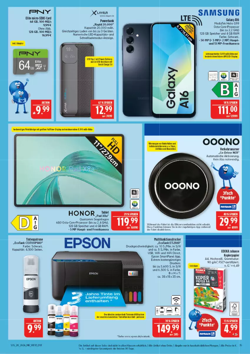 Aktueller Prospekt Marktkauf - Prospekt - von 10.05 bis 16.05.2026 - strona 35 - produkty: adapter, akku, auer, aust, auto, Bank, Bau, deka, drucker, eis, elle, epson, frontkamera, Honor, kamera, kopierpapier, multifunktionsdrucker, papier, powerbank, reis, Samsung, samsung galaxy, Samsung Galaxy A, Tasche, taschen, Ti, Tintenpatrone, tisch, usb, ZTE