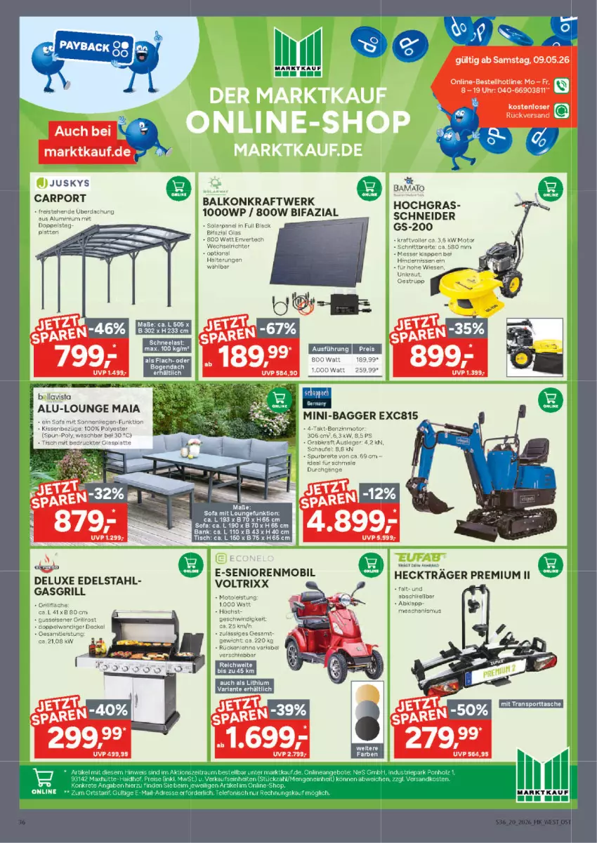 Aktueller Prospekt Marktkauf - Prospekt - von 10.05 bis 16.05.2026 - strona 36 - produkty: Bank, Brei, Carport, edelstahl, eis, gasgrill, gefu, grill, grillrost, Heckträger, kissen, Kissenbezug, kraft, lack, Liege, reis, Ria, Sofa, sonnenliege, Ti, uhr