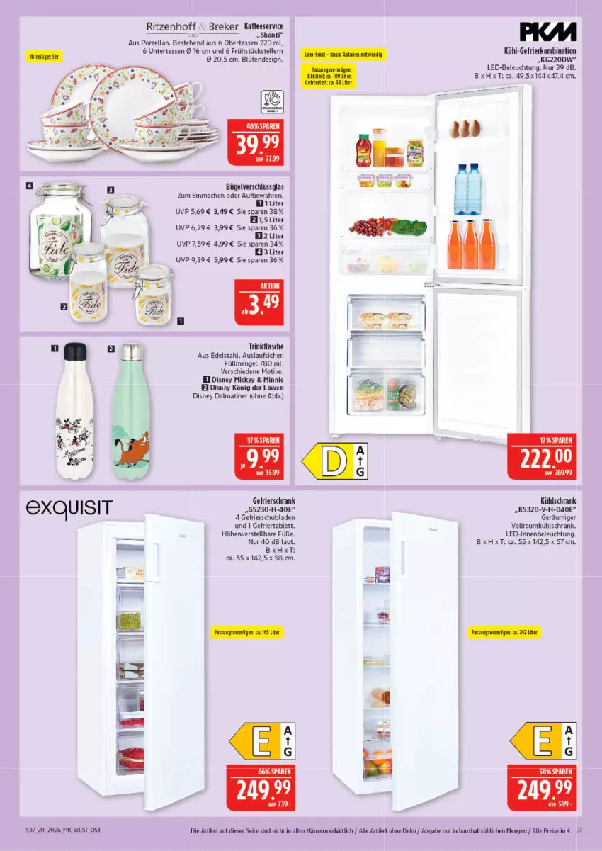 Aktueller Prospekt Marktkauf - Prospekt - von 10.05 bis 16.05.2026 - strona 37 - produkty: aust, beleuchtung, Blüte, bügel, Bügelverschlussglas, disney, edelstahl, eis, elle, flasche, Frühstücksteller, gefrierkombination, gefrierschrank, kaffee, König der Löwen, kühl-gefrierkombination, kühlschrank, led-beleuchtung, mac, reis, Schrank, schubladen, tablet, tablett, tasse, teller, Ti, trinkflasche, Yo