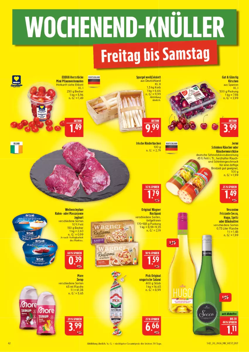 Aktueller Prospekt Marktkauf - Prospekt - von 10.05 bis 16.05.2026 - strona 42 - produkty: alkohol, Becher, deka, ecco, eis, flasche, frizzante, gin, hugo, joghur, joghurt, Käse, kirsch, kirsche, kirschen, korb, mac, original wagner, pflaume, pflaumen, Rauch, reis, rind, rinder, Rinderbacken, rustipani, salami, schinken, Schmelzkäse, schmelzkäsezubereitung, spargel, Ti, tomate, tomaten, Ungarische Salami, vescovino, wagner, weihenstephan, wurst, ZTE
