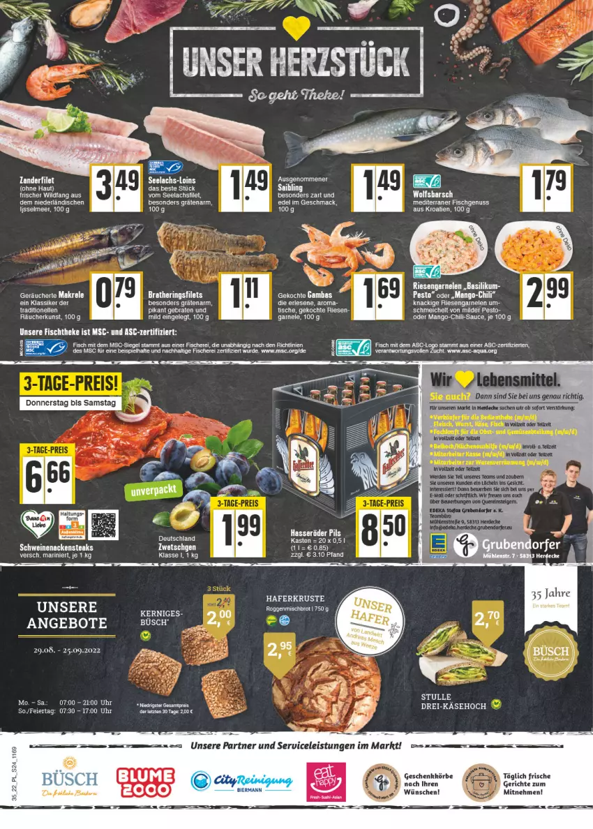 Aktueller Prospekt E Center - Angebote der Woche - von 29.08 bis 03.09.2022 - strona 24 - produkty: aqua, basilikum, braten, chili, decke, eis, elle, erde, filet, filets, fisch, fische, Fischer, garnelen, hafer, hasseröder, hering, Herings, heringsfilets, kraft, lachs, Makrele, mango, Nackensteak, nackensteaks, nuss, obst, pesto, pils, rel, riesengarnelen, ring, sauce, Schere, schwein, schweine, schweinenacken, steak, steaks, Ti, tisch, wein, weine, Wild, wolfsbarsch, Zander, ZTE