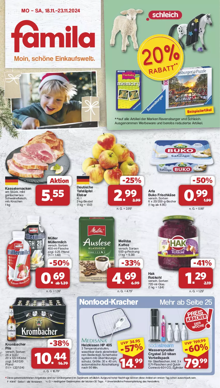 Aktueller Prospekt Famila - Prospekte - von 18.11 bis 23.11.2024 - strona 1 - produkty: angebot, angebote, arla, arla buko, auto, Becher, beutel, Buko, burger, eis, elle, ente, flasche, fleisch, frischkäse, glasflasche, Heizkissen, HP, kaffee, Käse, kasseler, kissen, kracher, krombache, krombacher, krombacher pils, melitta, milch, Müller, müllermilch, pils, ravensburger, reis, rotkohl, Schal, Schleich, schwein, schweine, schweinefleisch, tafeläpfel, teller, Ti, tisch, wasser, wassersprudler, wein, weine, ZTE