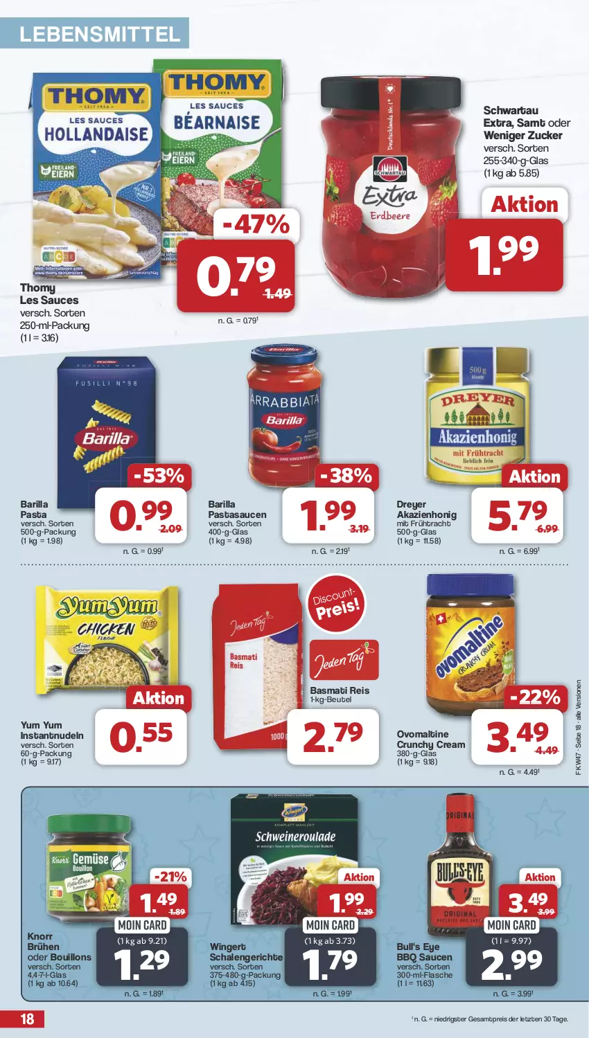 Aktueller Prospekt Famila - Prospekte - von 18.11 bis 23.11.2024 - strona 18 - produkty: barilla, basmati, Basmati Reis, beutel, Brühe, eis, flasche, honig, knorr, lebensmittel, nudel, nudeln, ovomaltine, pasta, reis, sauce, saucen, Schal, Schale, Schwartau, thomy, thomy les sauces, Ti, Yum Yum, ZTE, zucker